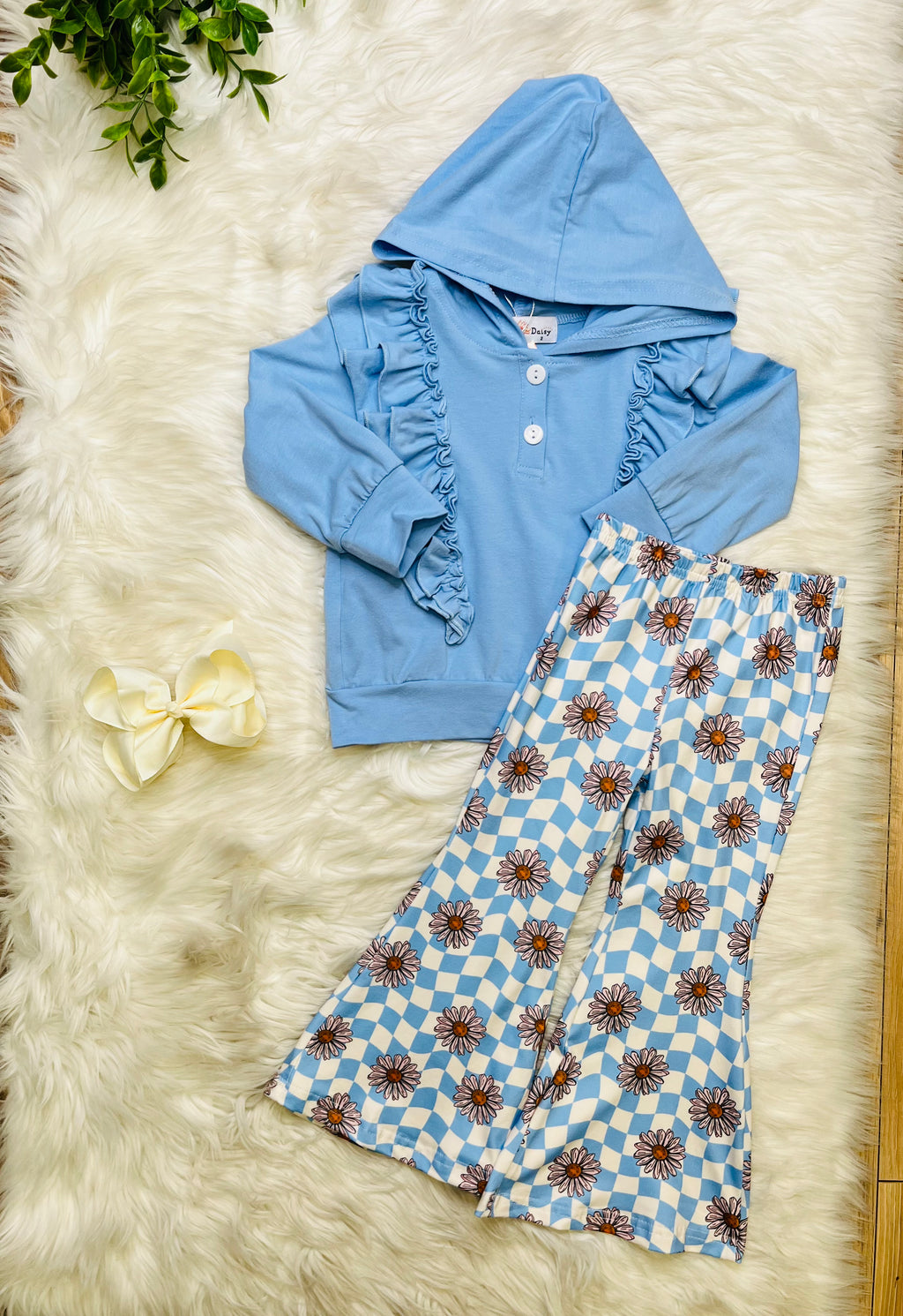 Girl’s Blue Hoodie Checkered Pant Set