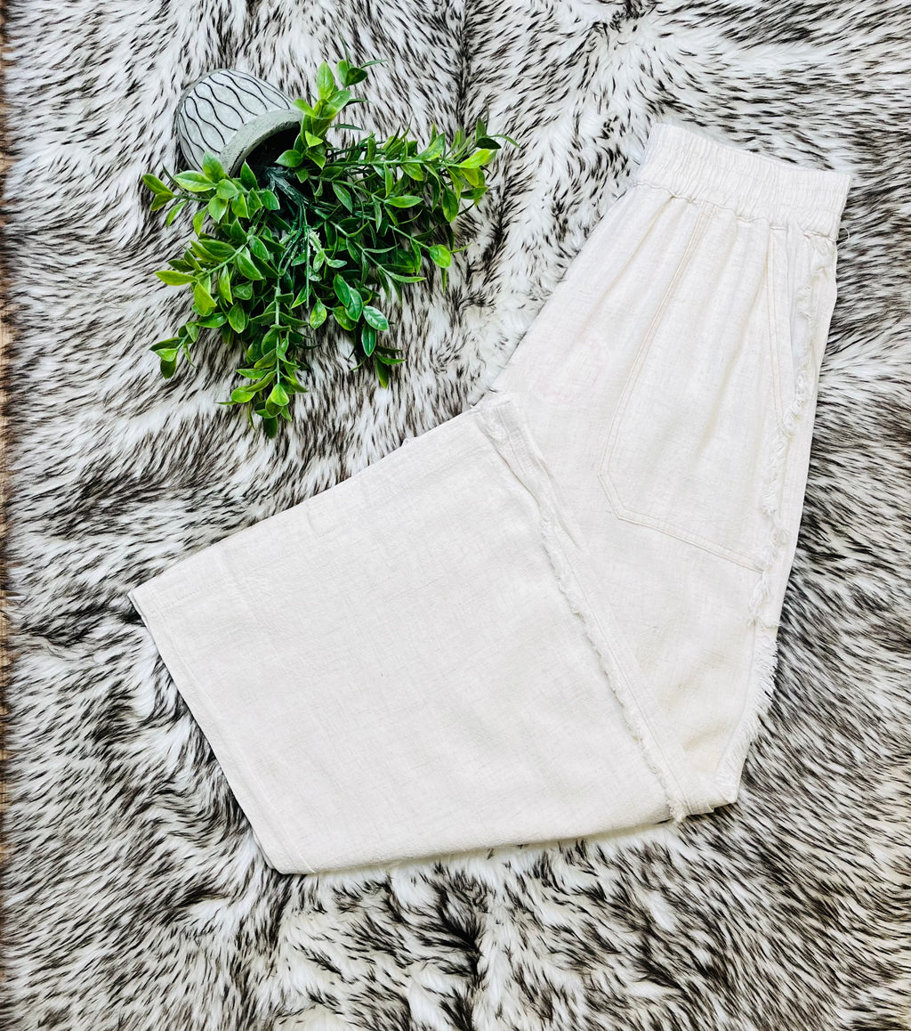Women’s Umgee Regular and Curvy Oatmeal Linen Frayed Pants- True to Size