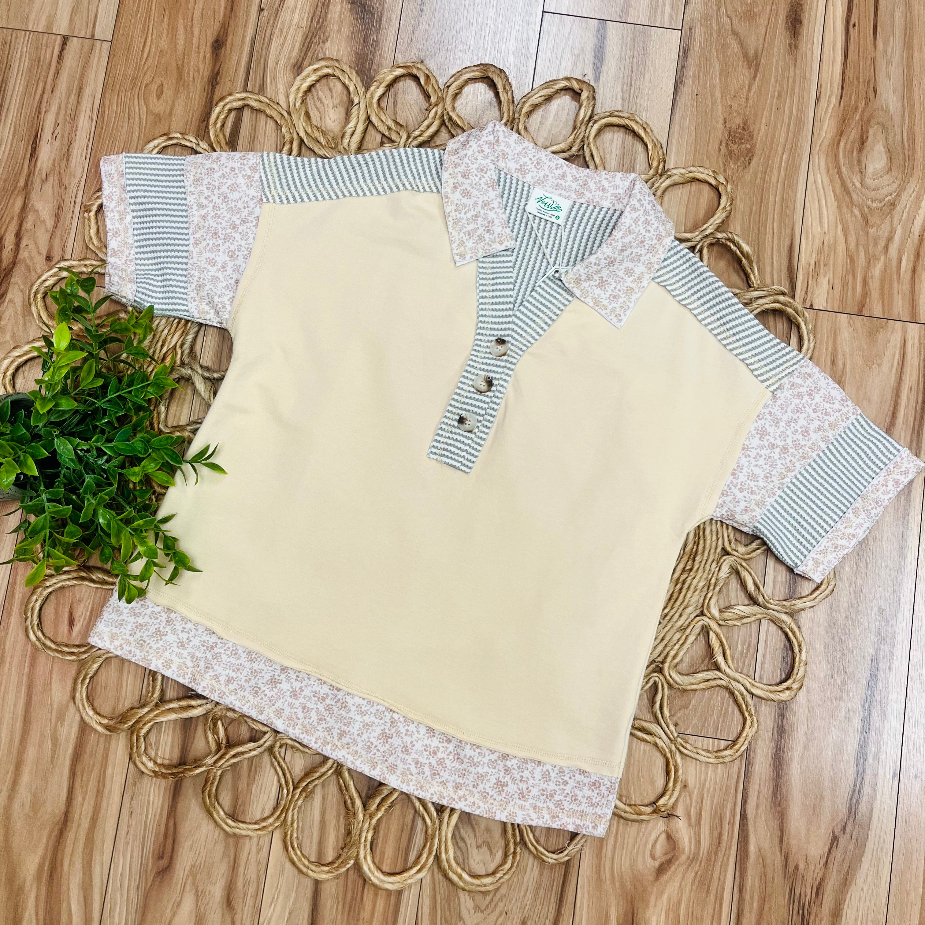 Women’s Very J Beige Half Button Down Collared Top