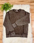 Women’s Zenana Dark Brown Acid Wash Ribbed Crewneck Top-Loose Fit