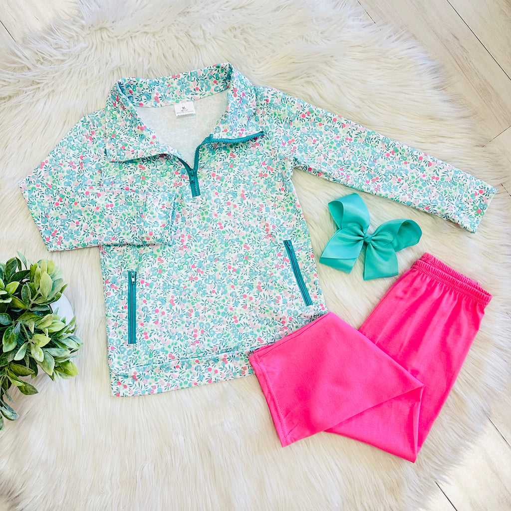 Girl’s Teal and Pink Floral Half Zip Set