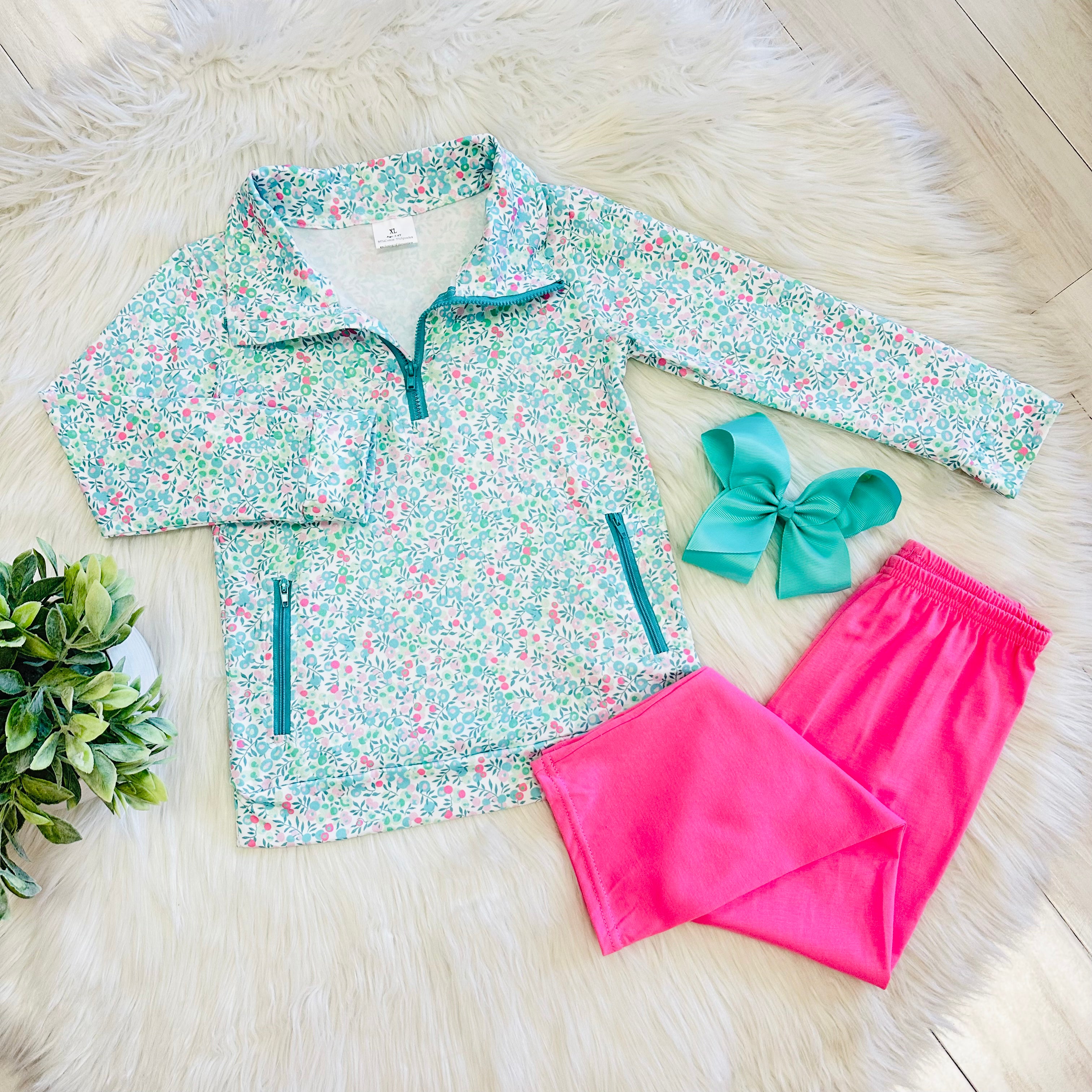 Girl’s Teal and Pink Floral Half Zip Set
