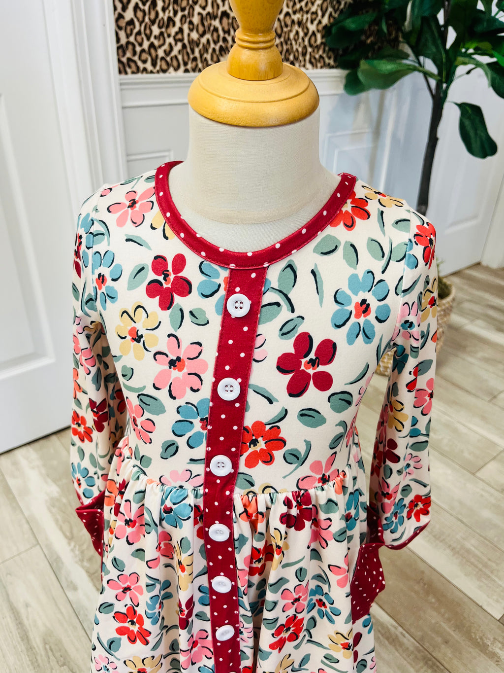 Girl’s Cream and Burgundy Floral Ruffle Dress