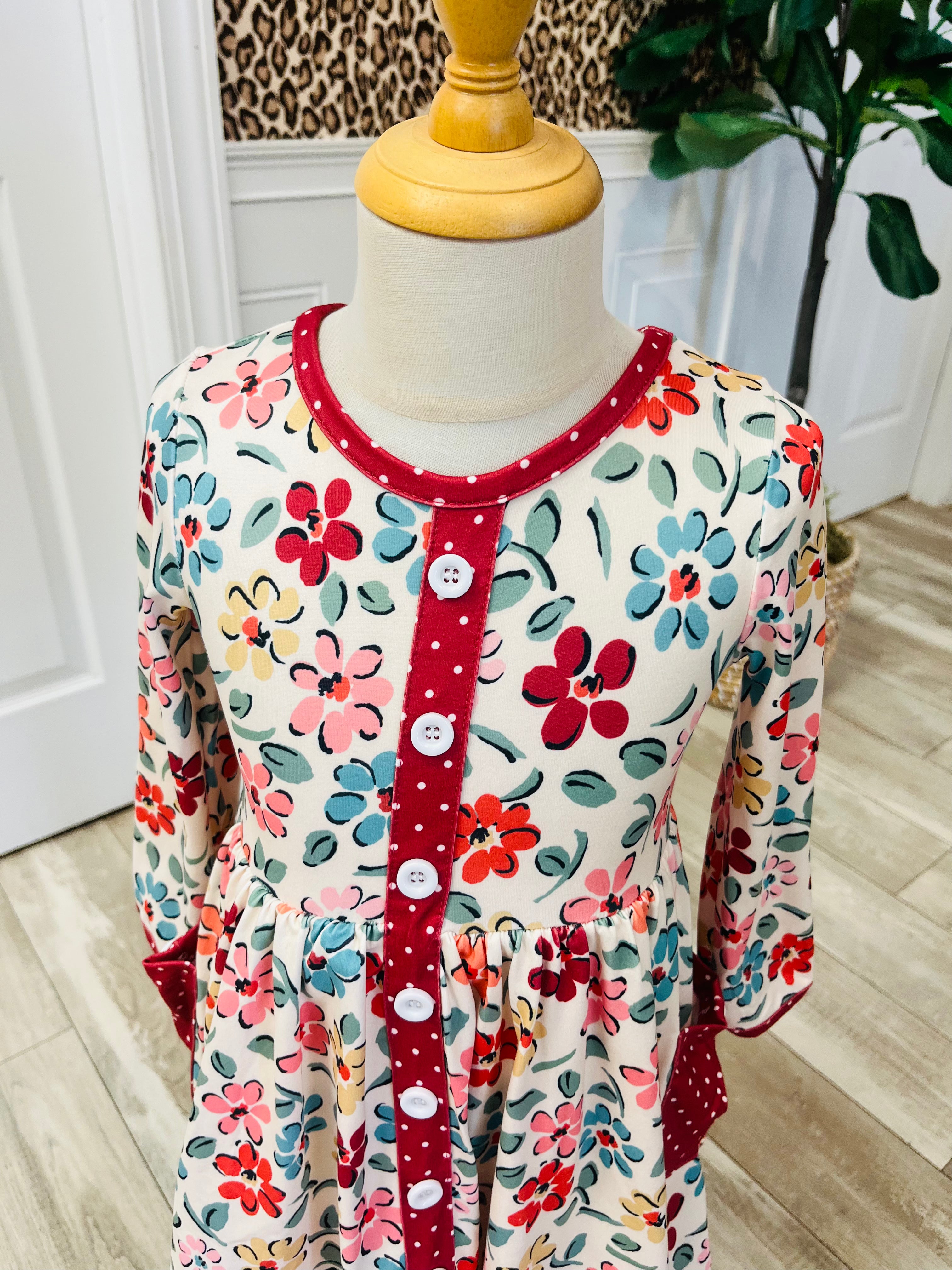Girl’s Cream and Burgundy Floral Ruffle Dress
