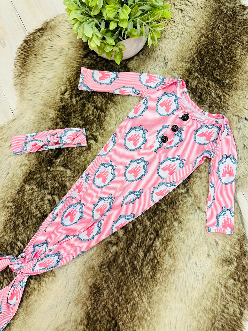 Girl’s Pink Castle Knotted Gown with Matching Headband Set