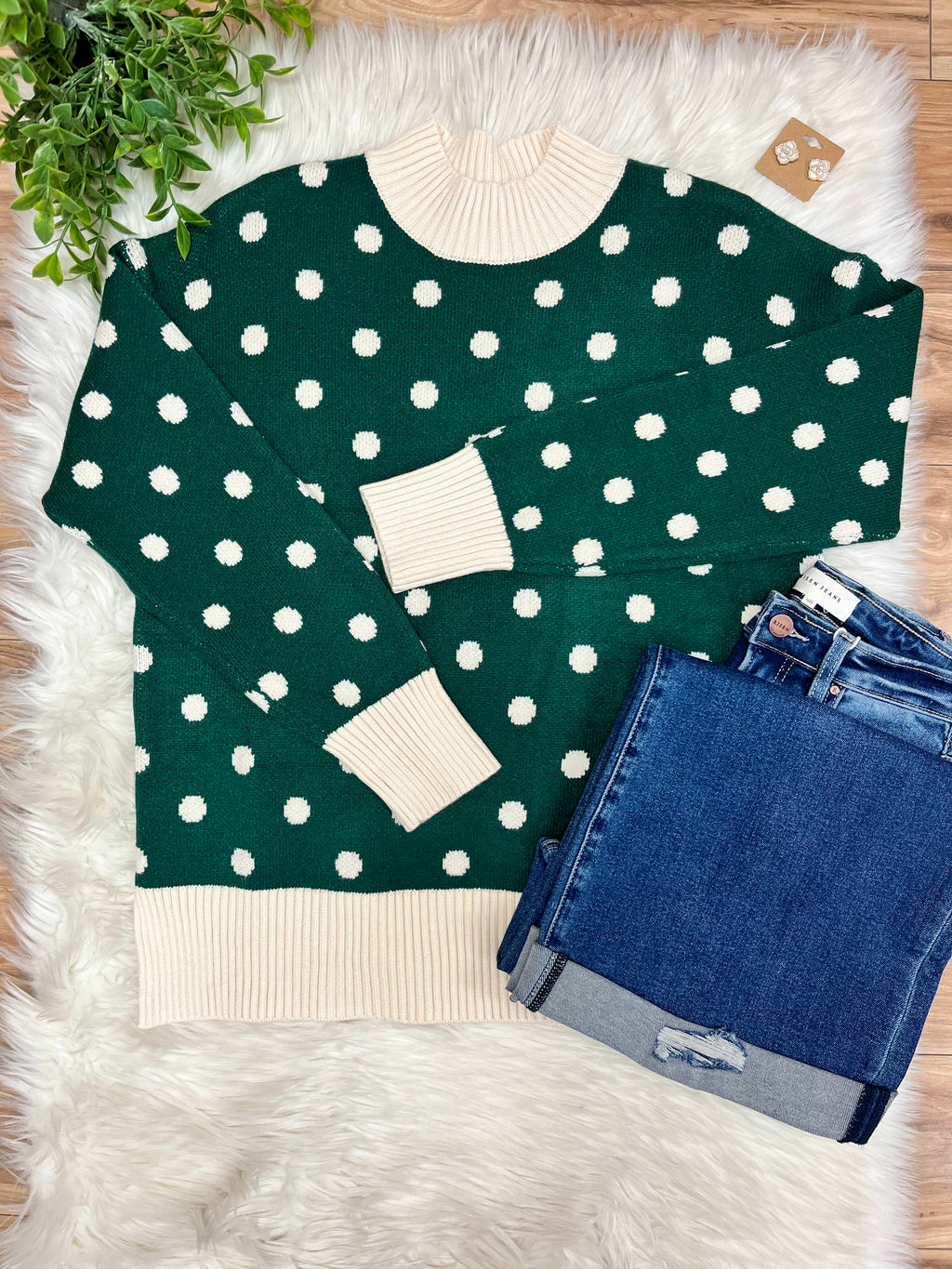Women’s Hunter Green Sweater Top with Polka Dots-True to Size