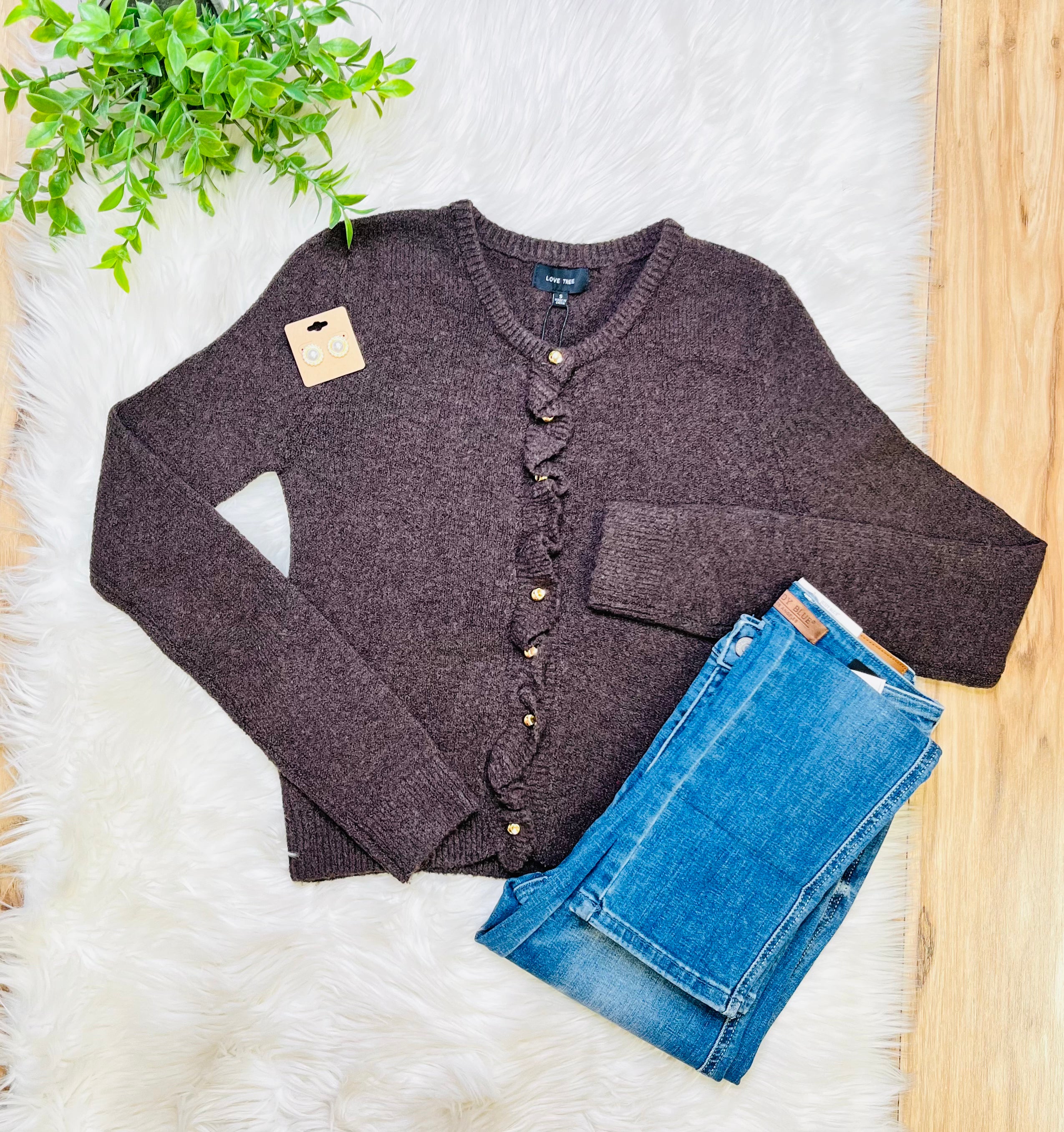 Women’s Love Tree Brown Gold Button Up Sweater Top- True to Size