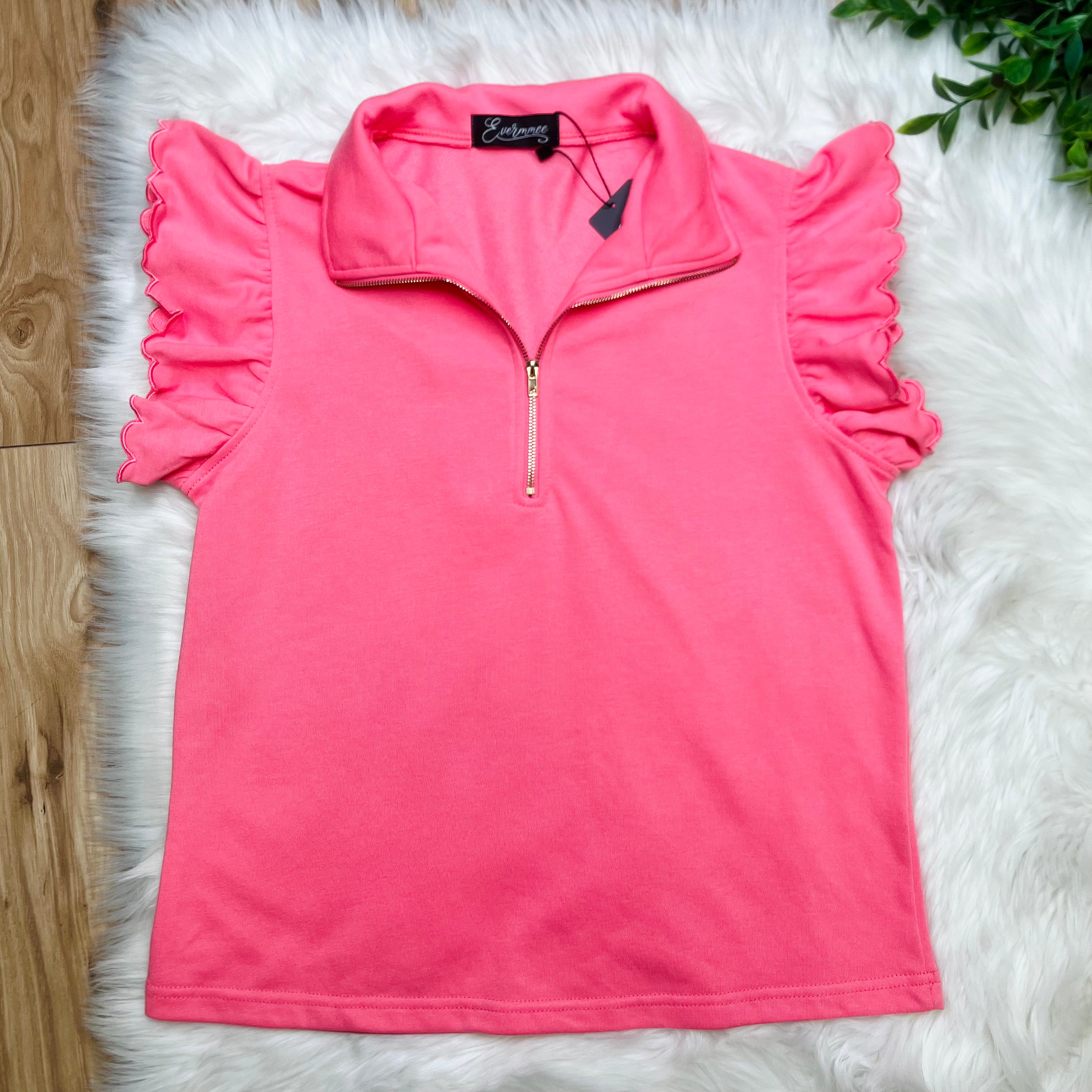 Women’s Pink Half Zip Flutter Sleeve Short Set