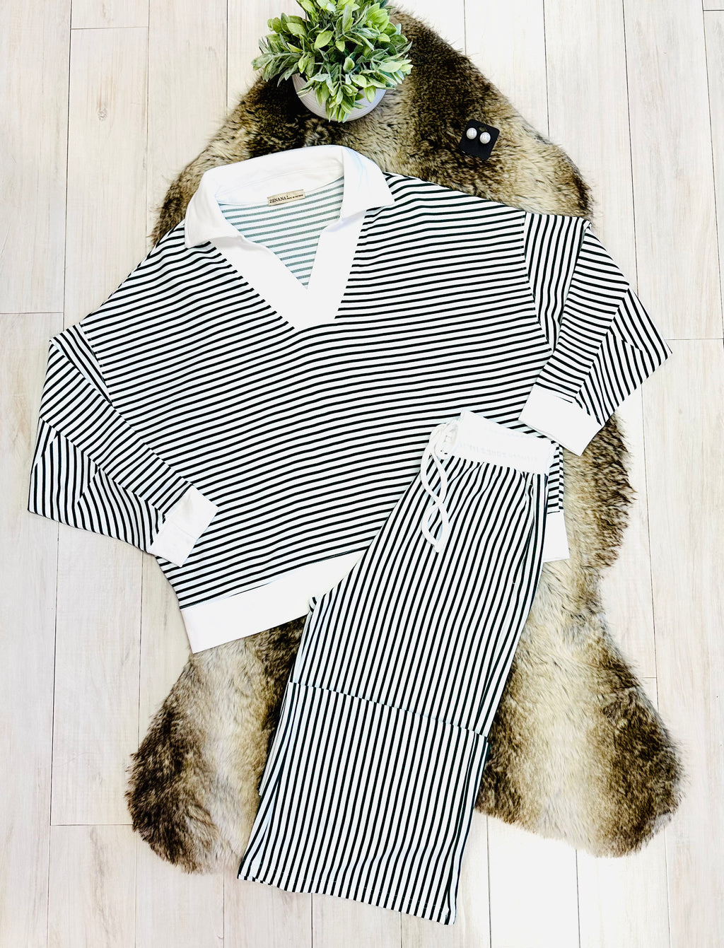 Women’s Zenana Green & White Long Sleeve Stripped Set
