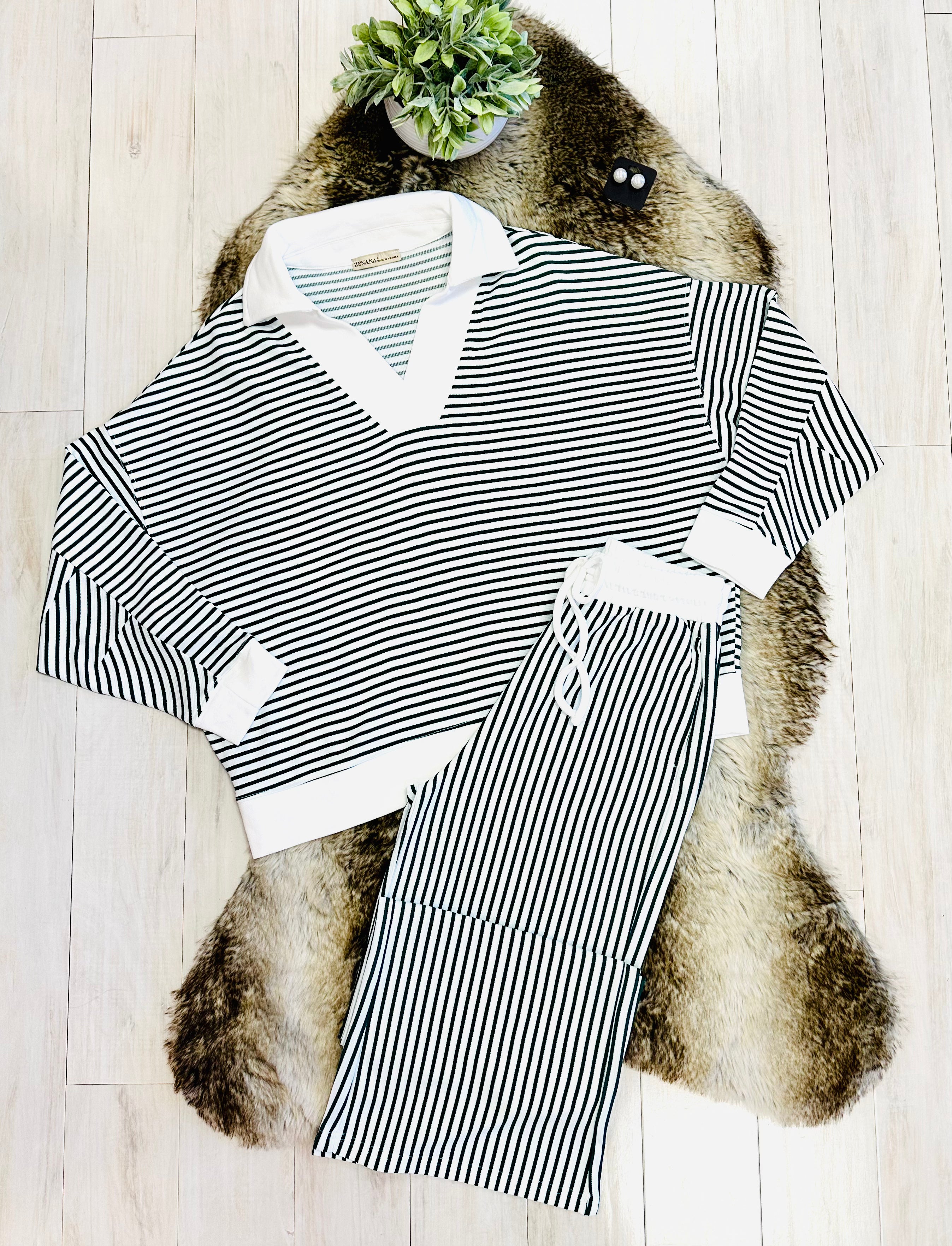 Women’s Zenana Green & White Long Sleeve Stripped Set
