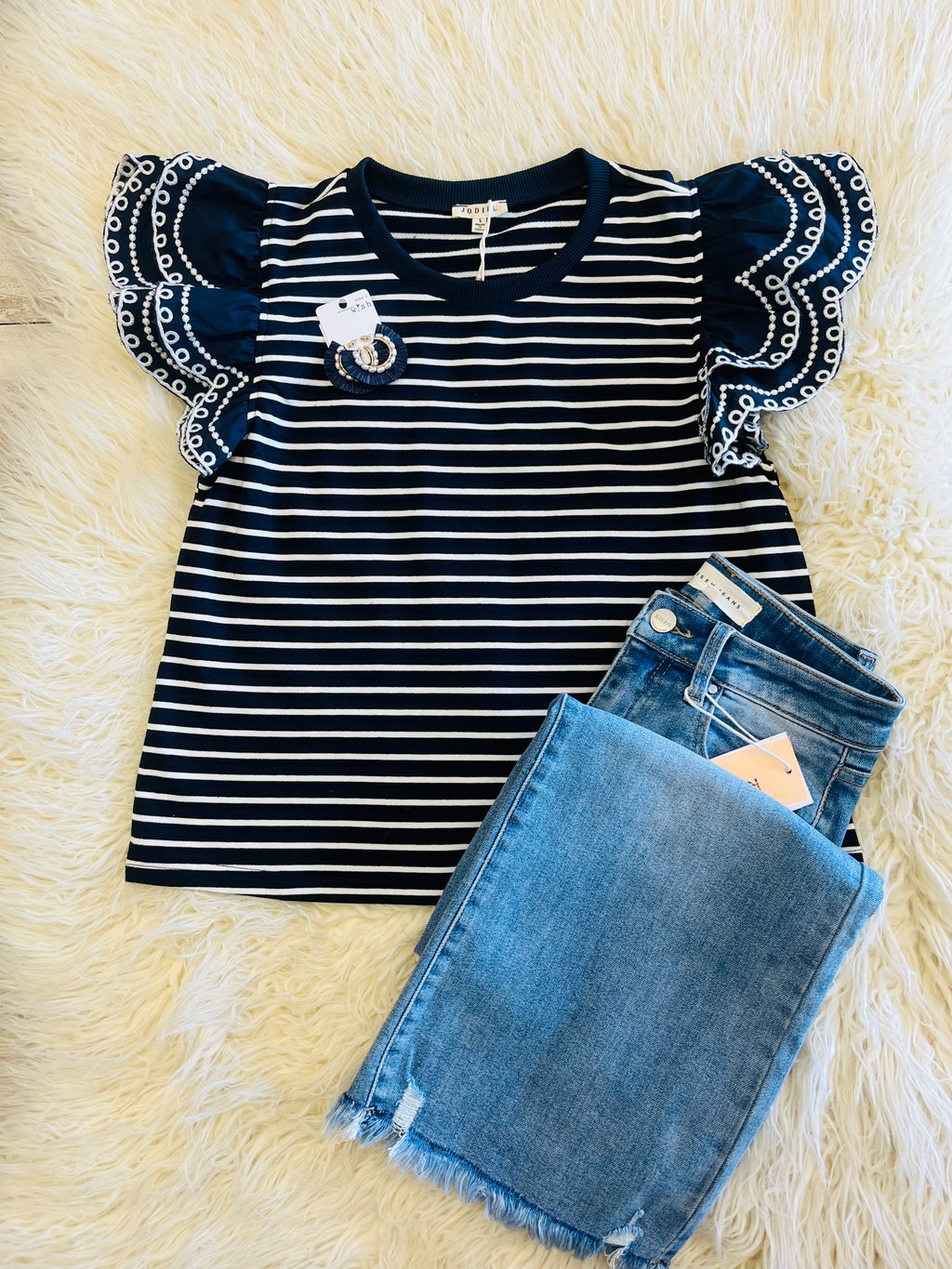 Women’s Navy and White Ruffle Sleeve Top