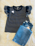 Women’s Navy and White Ruffle Sleeve Top
