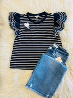 Women’s Navy and White Ruffle Sleeve Top