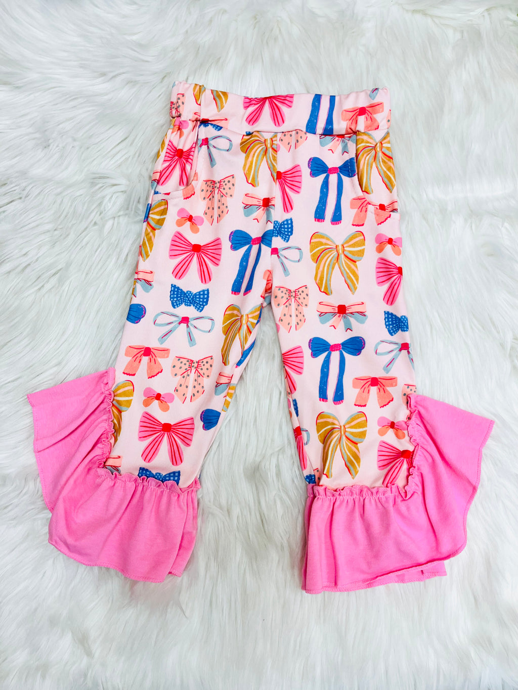 Girl’s Bow Print Hooded Outfit with Pink Ruffle Trim