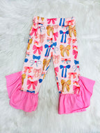 Girl’s Bow Print Hooded Outfit with Pink Ruffle Trim