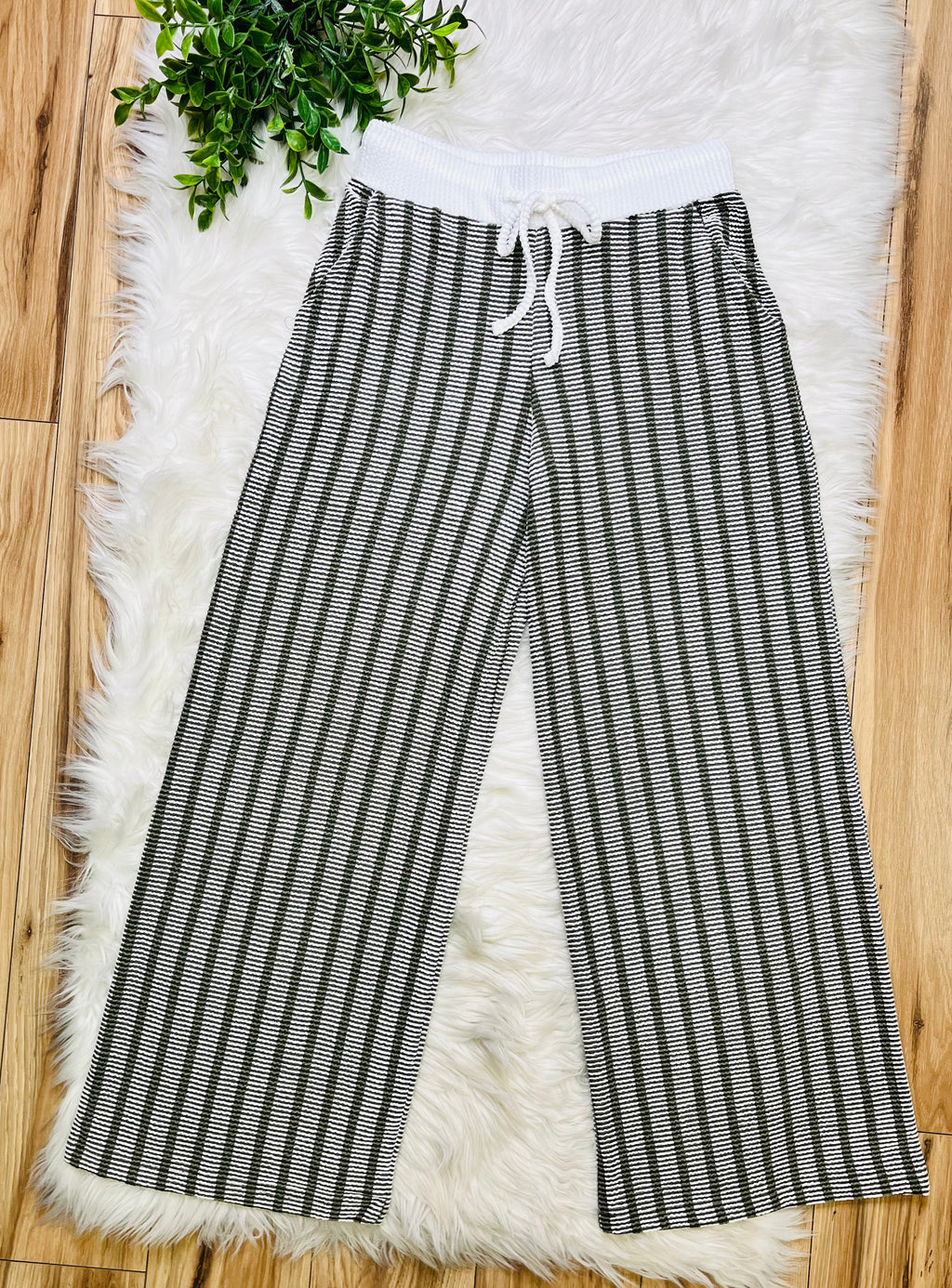 Women’s Zenana Olive Striped Ribbed Pant Set