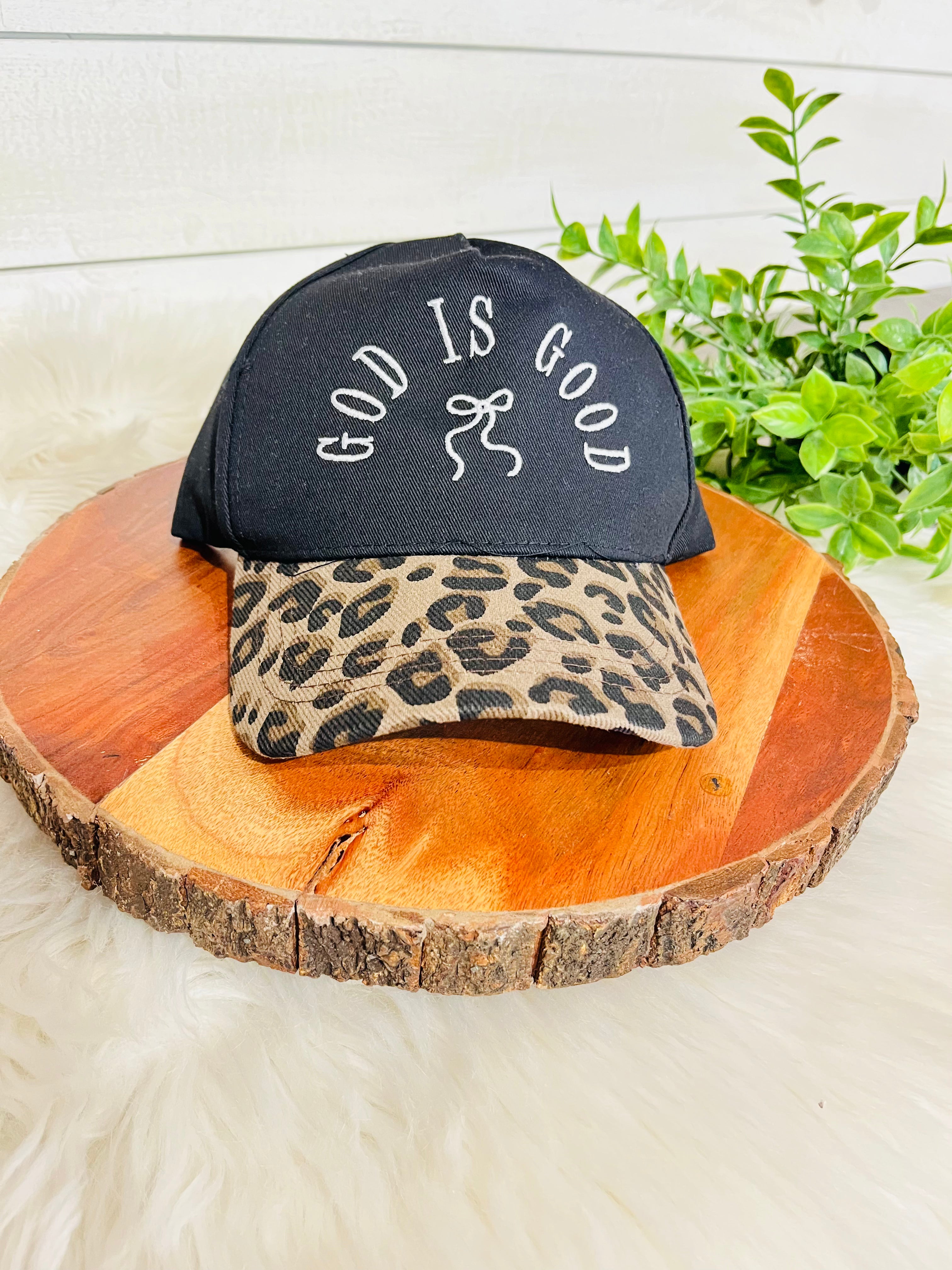 Women’s Black “God Is Good” Cheetah Print Hat