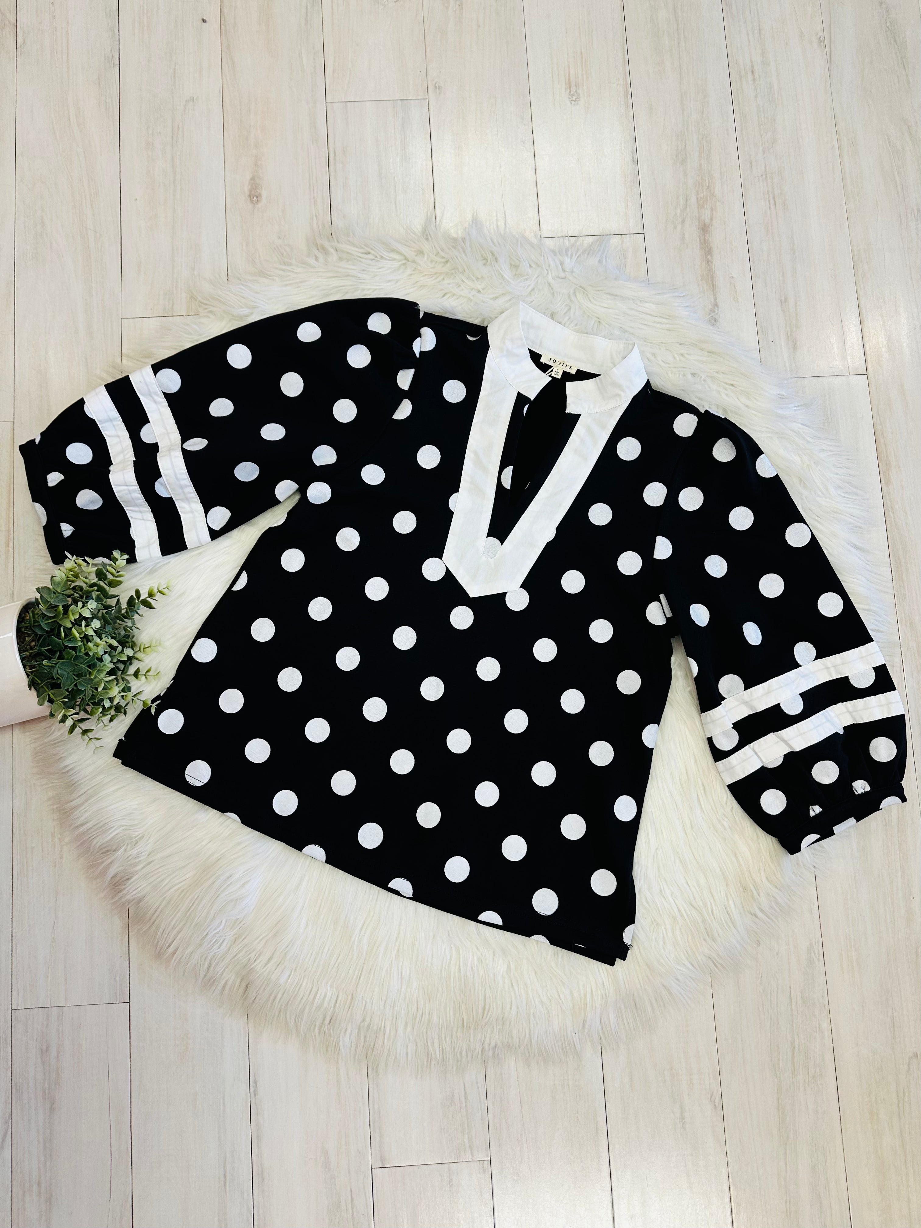Women’s Black V Neck Top with White Polka Dots by Jodifl- True to Size
