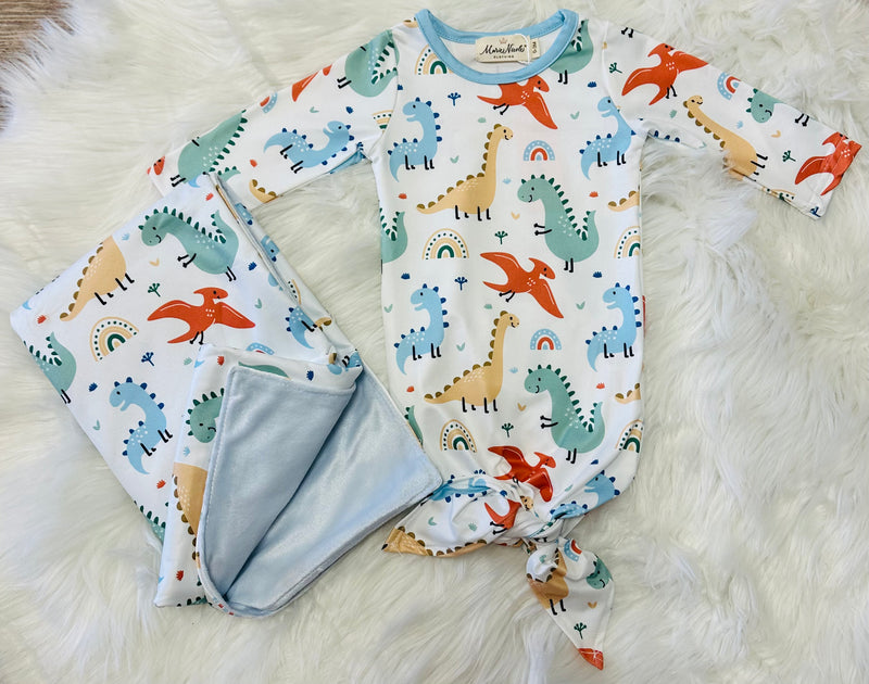 Boys 2 Piece Dinosaur Tie Gown and Blanket Set
