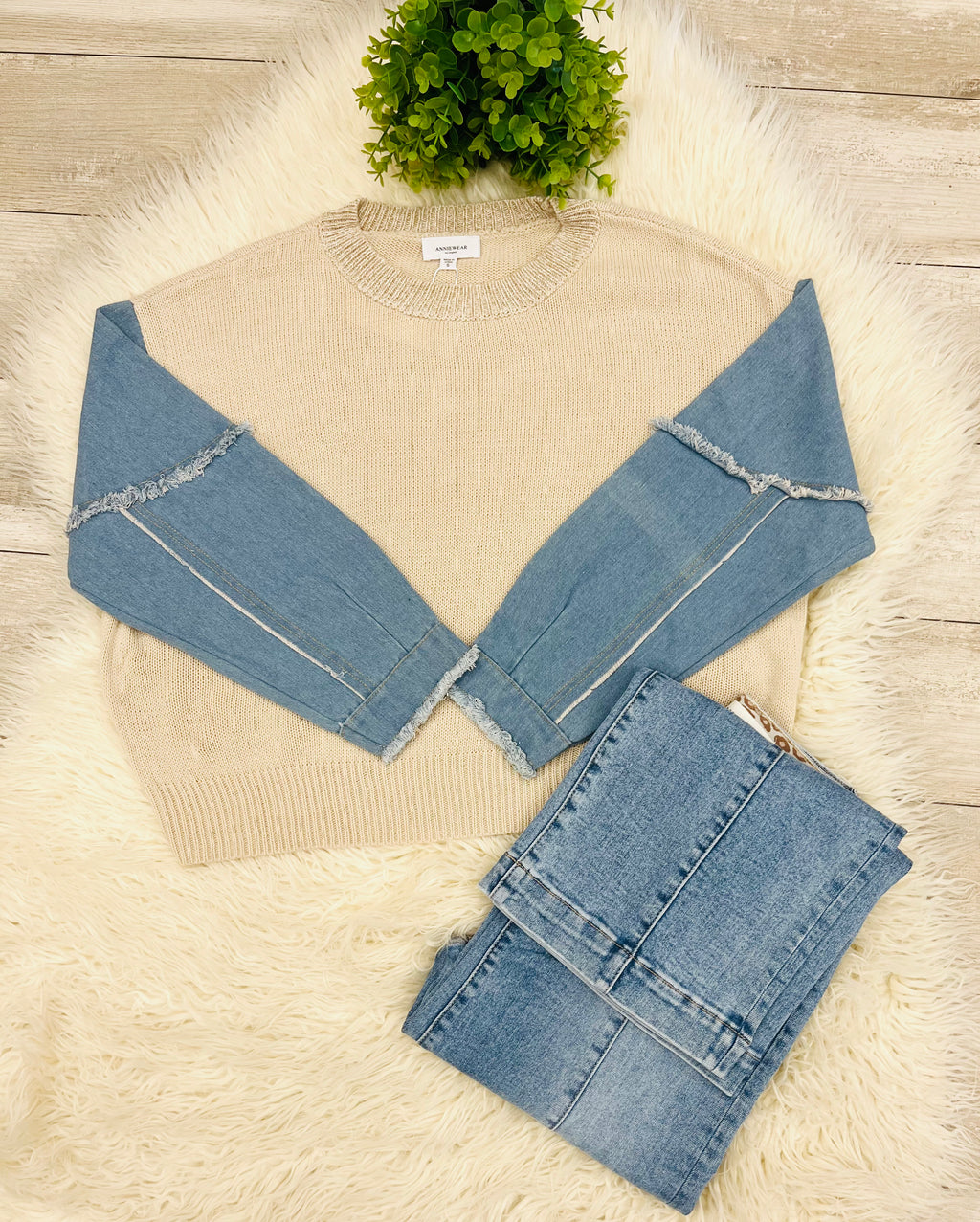 Women’s Anniewear Denim Sleeve Contrast Distressed Sweater Top - True to Size
