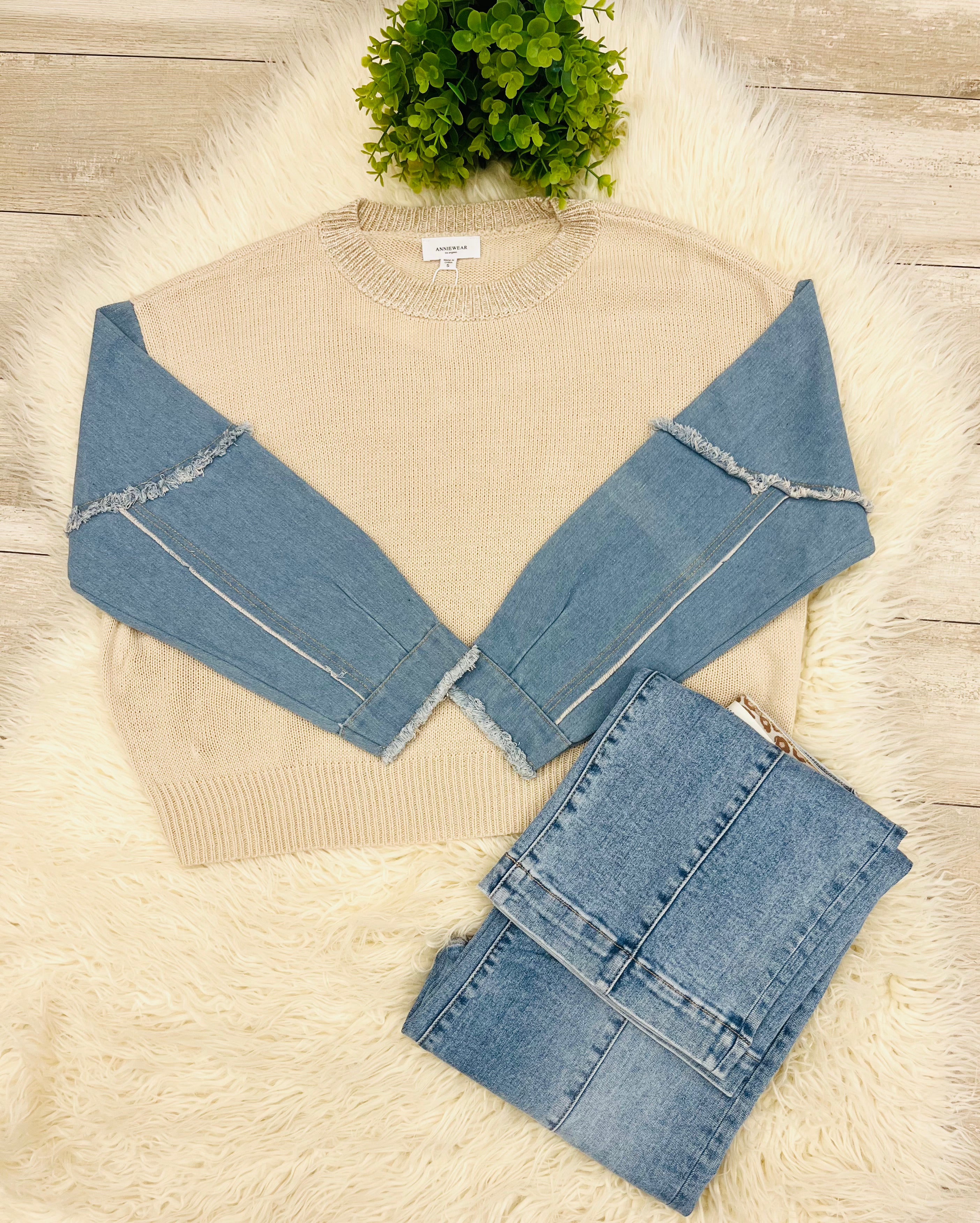 Women’s Anniewear Denim Sleeve Contrast Distressed Sweater Top - True to Size