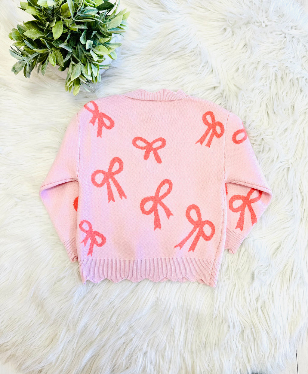 Girls Pink Bow Print Scalloped Sweater