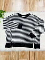 Women’s Black Stripe Exposed Seam Split Hem Top by Blu Pepper- Loose Fit