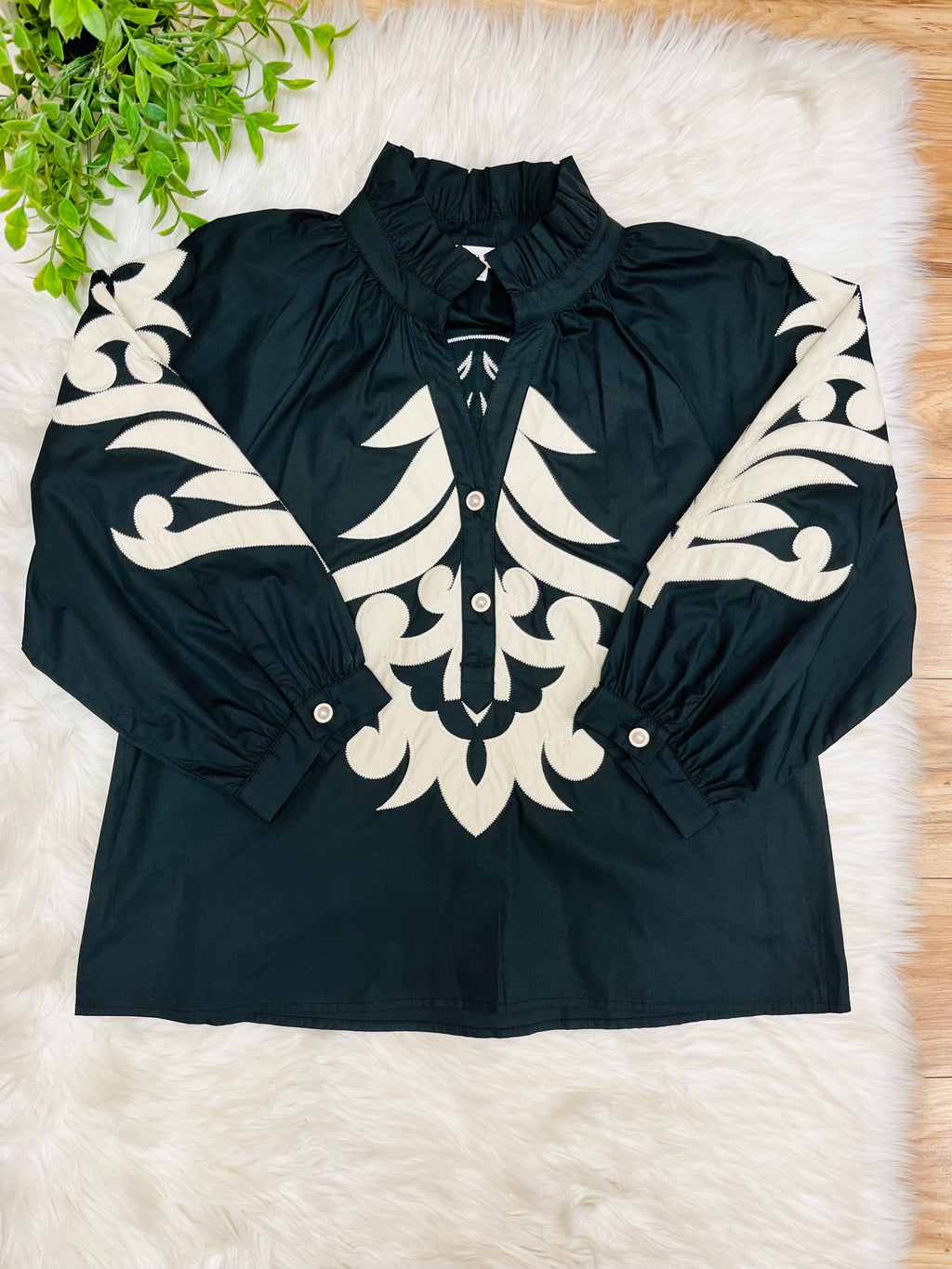 Women’s Jodifl Black Puff Sleeve Top with Taupe Embroidered Details- True to Size