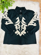Women’s Jodifl Black Puff Sleeve Top with Taupe Embroidered Details- True to Size