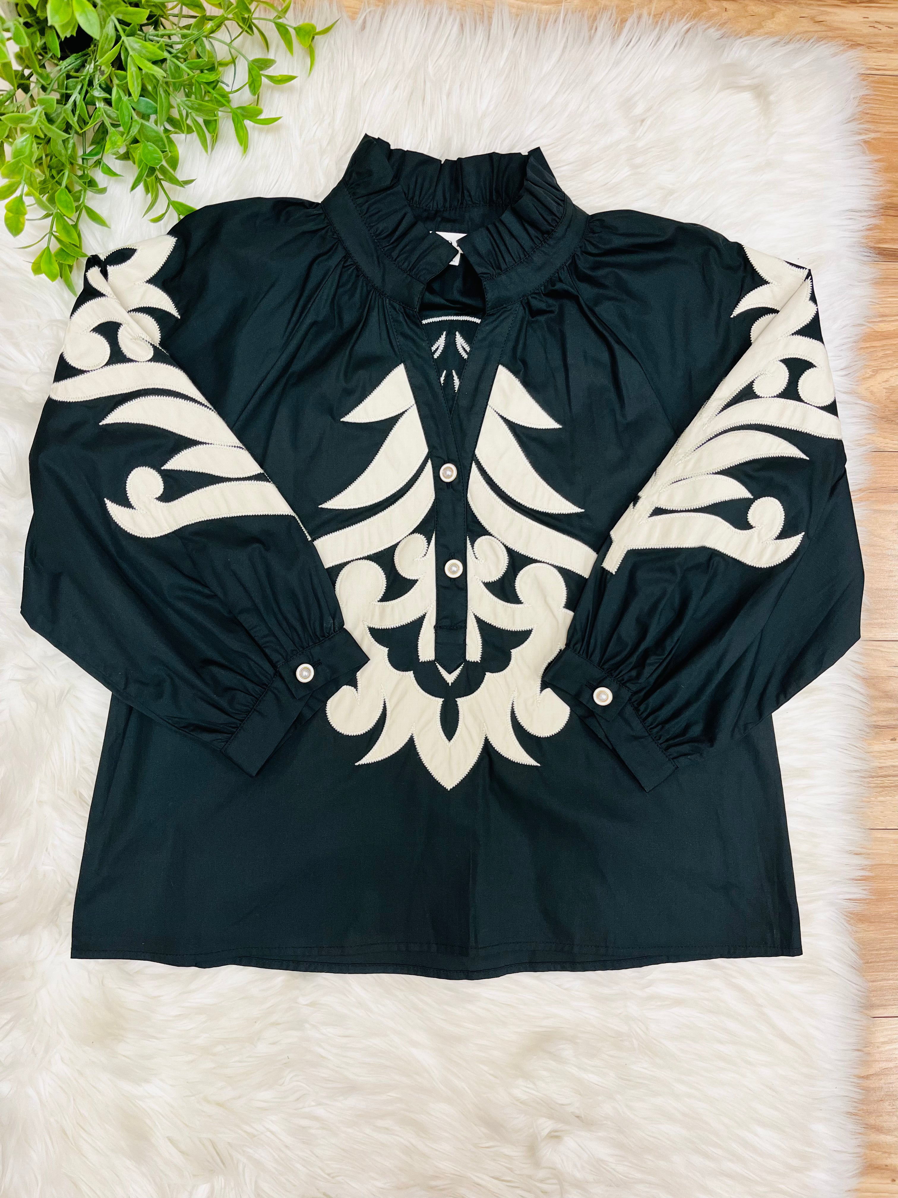 Women’s Jodifl Black Puff Sleeve Top with Taupe Embroidered Details- True to Size