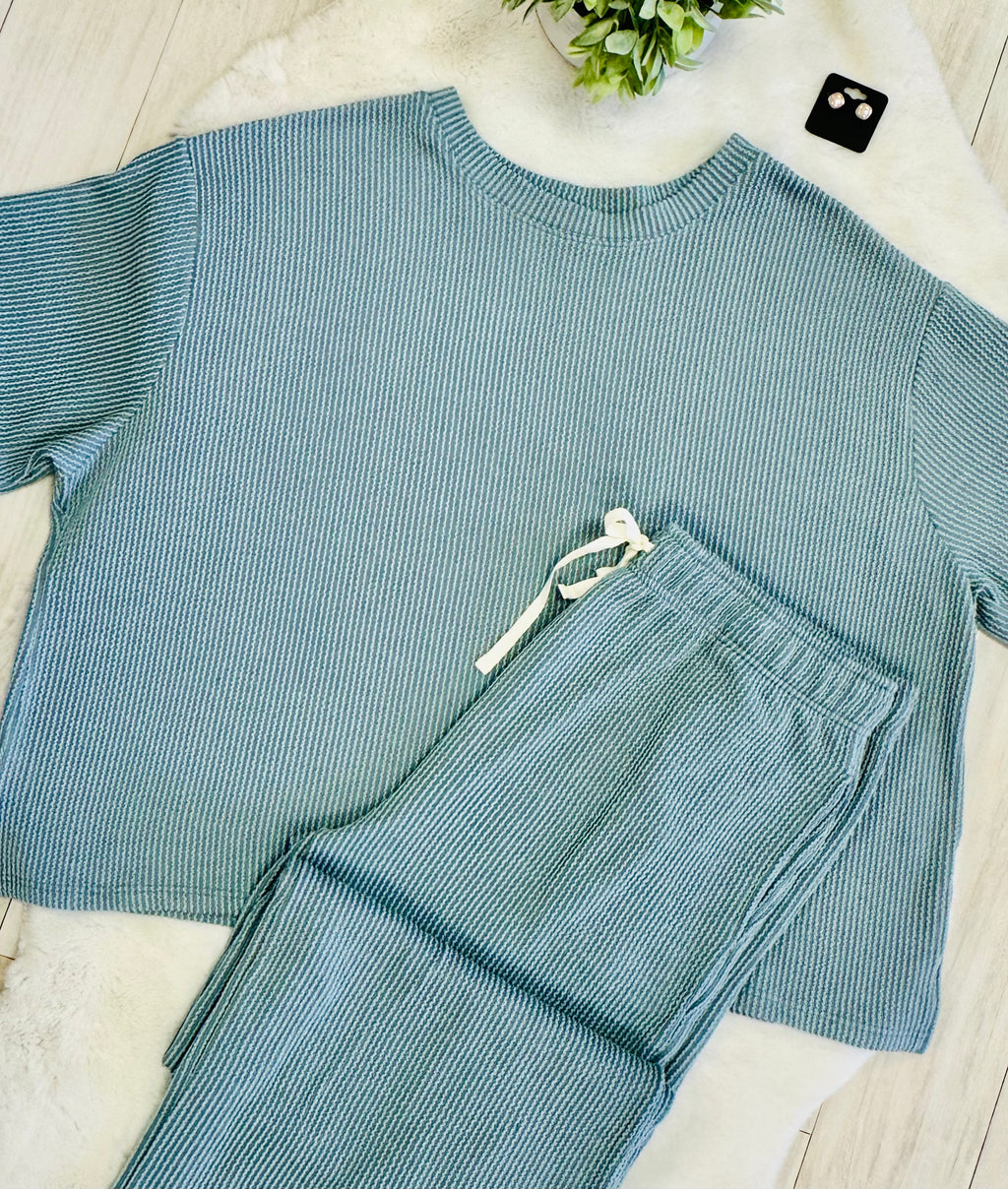 Women’s Zenana Blue Grey Ribbed Set