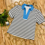 Women’s Evermmee Black and White Stripe Top with Blue Collar