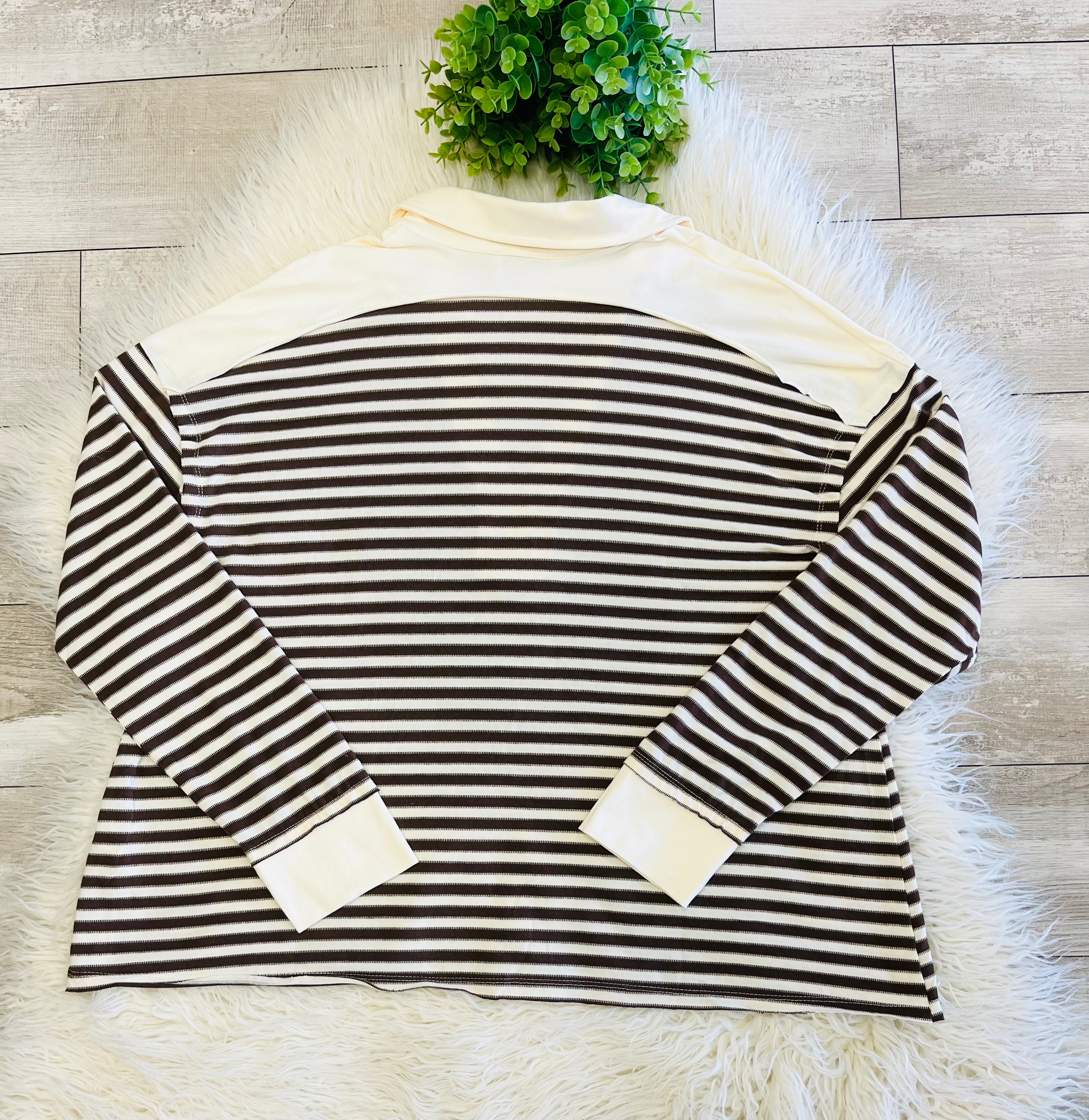 Women’s Brown & Cream Striped Henley Long Sleeve - True to Size