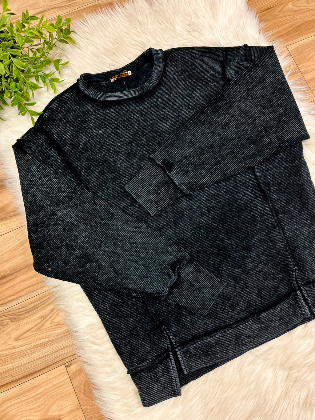 Women’s Zenana Black Acid Wash Ribbed Crewneck Top- Loose Fit