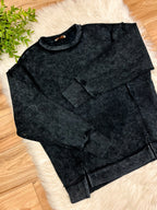 Women’s Zenana Black Acid Wash Ribbed Crewneck Top- Loose Fit