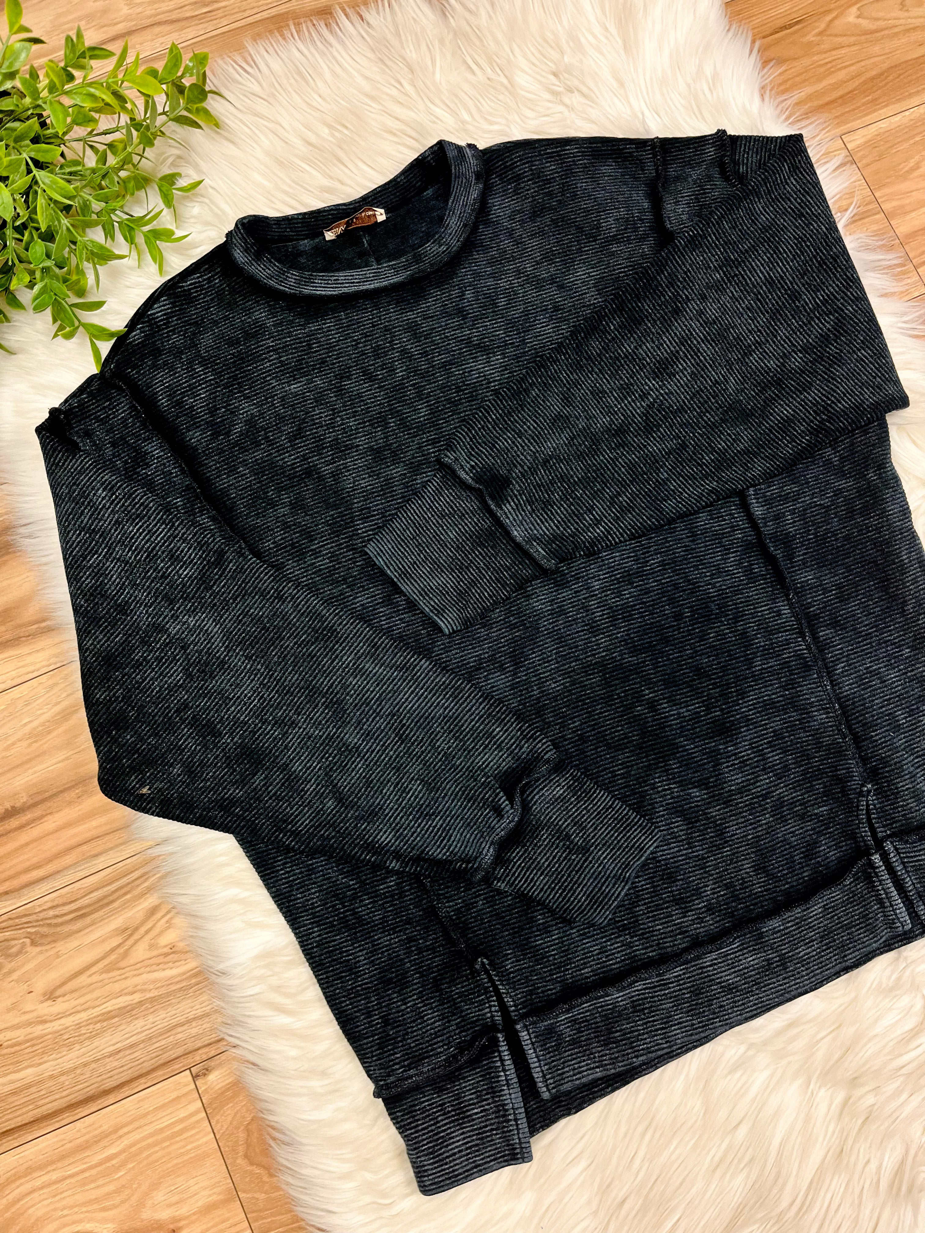 Women’s Zenana Black Acid Wash Ribbed Crewneck Top- Loose Fit