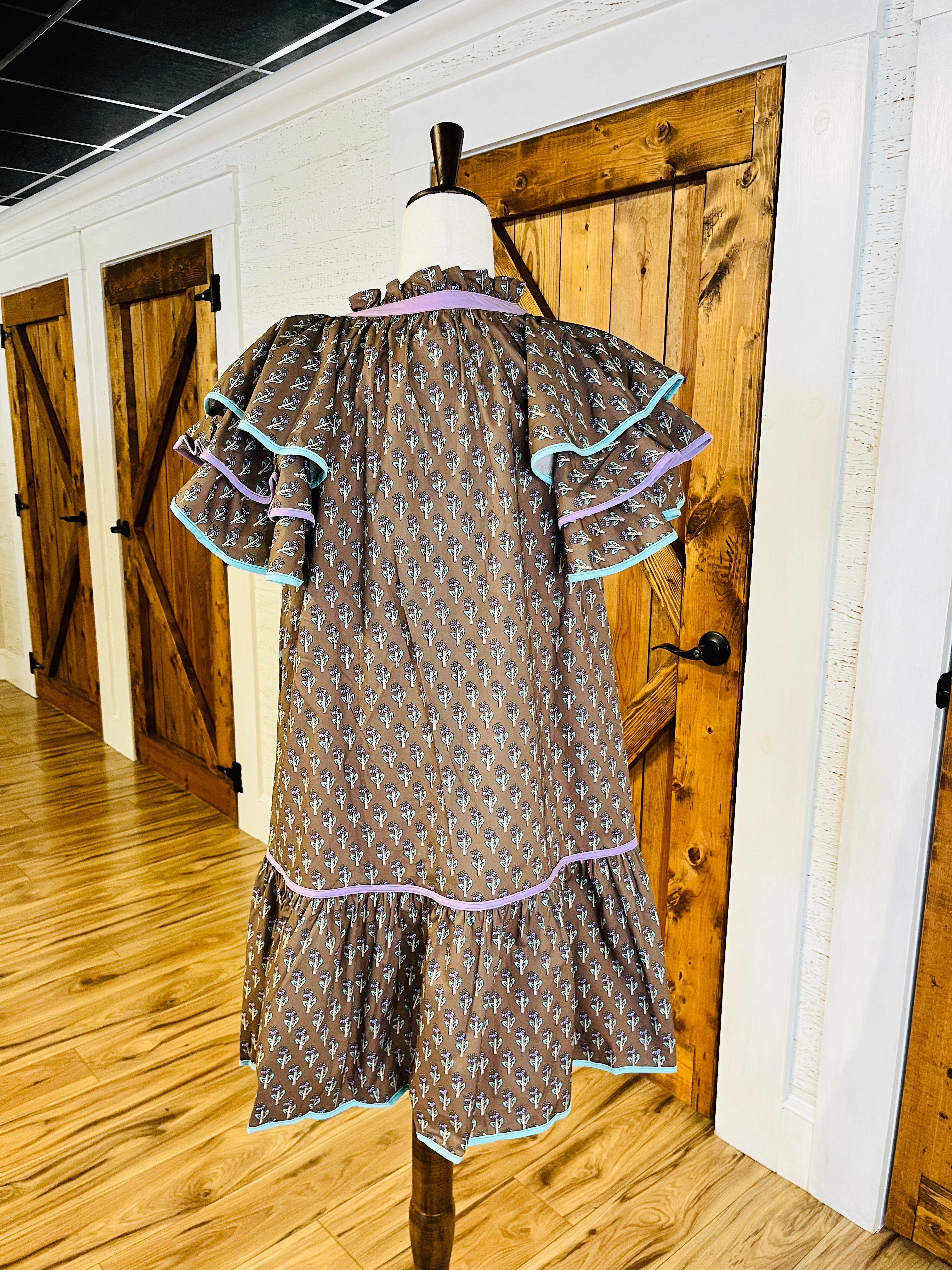 Women’s Taupe Boho Ruffle Sleeve Mini Dress