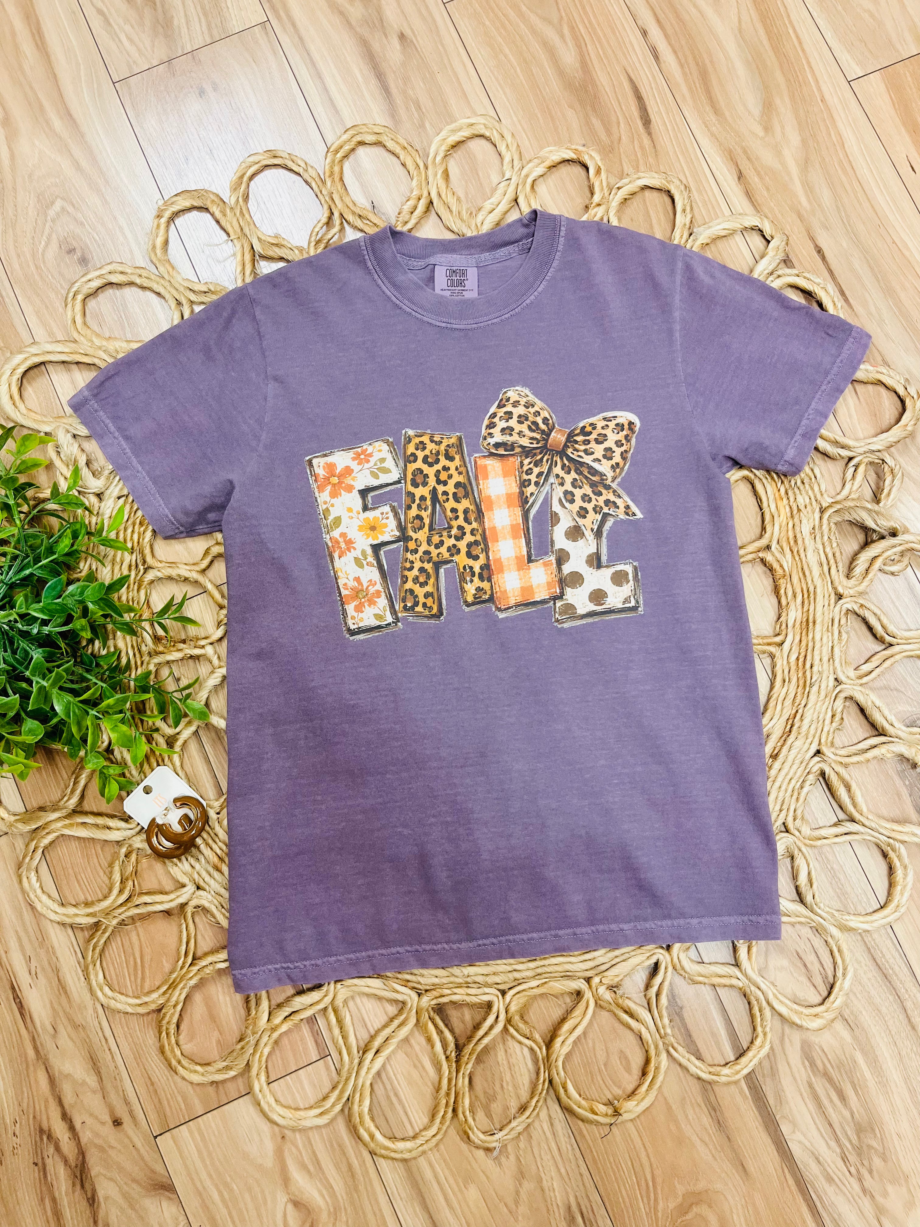Women’s Comfort Colors Purple Fall Bow Mixed Print Graphic Tee