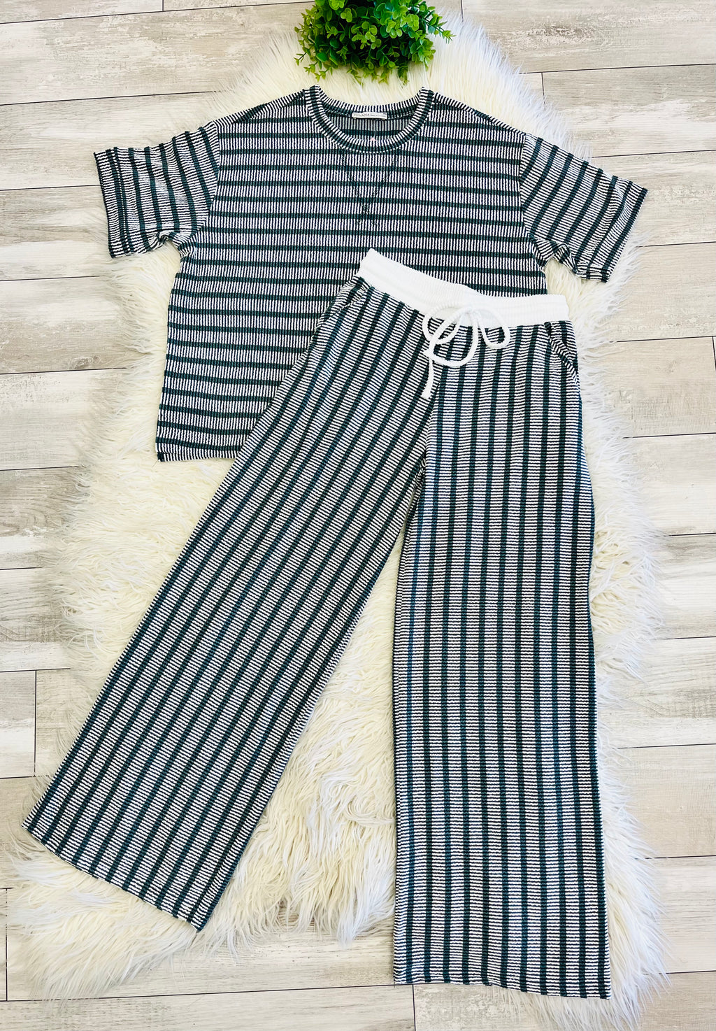 Women’s Zenana Green Ribbed Drop - Shoulder Two Piece Set
