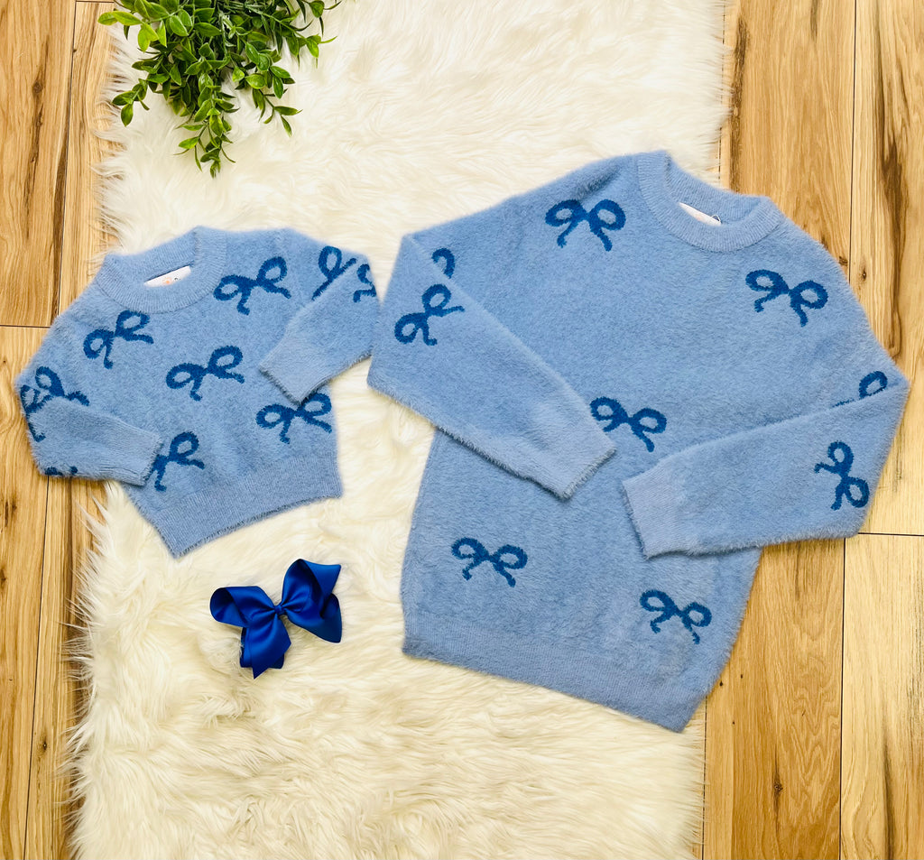 Girl’s Blue Bow Fuzzy Sweater Top