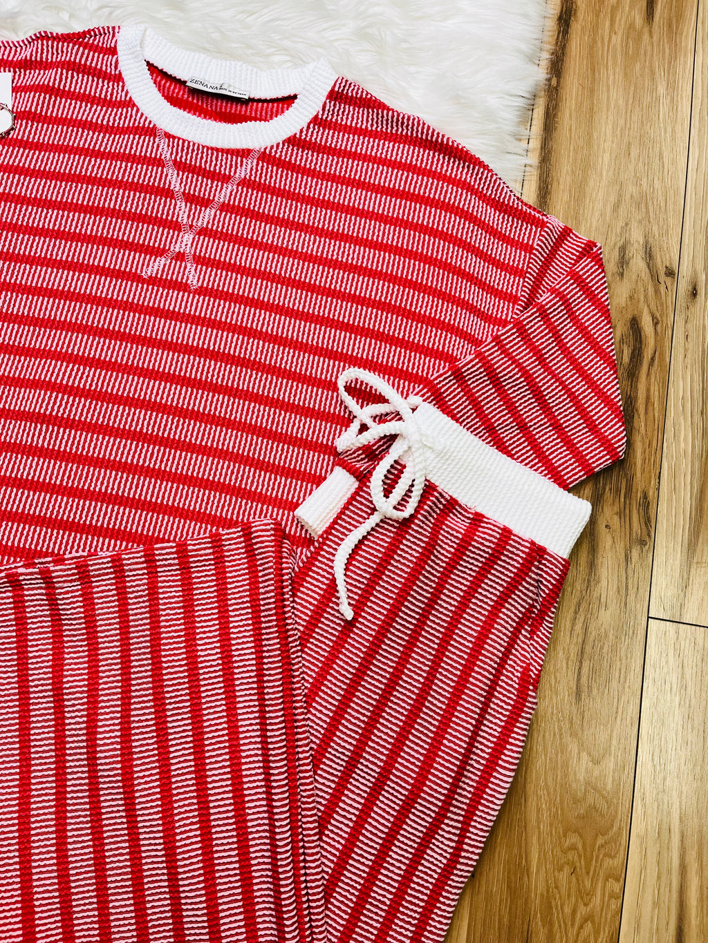 Women’s Zenana Red Striped Ribbed Pant Set