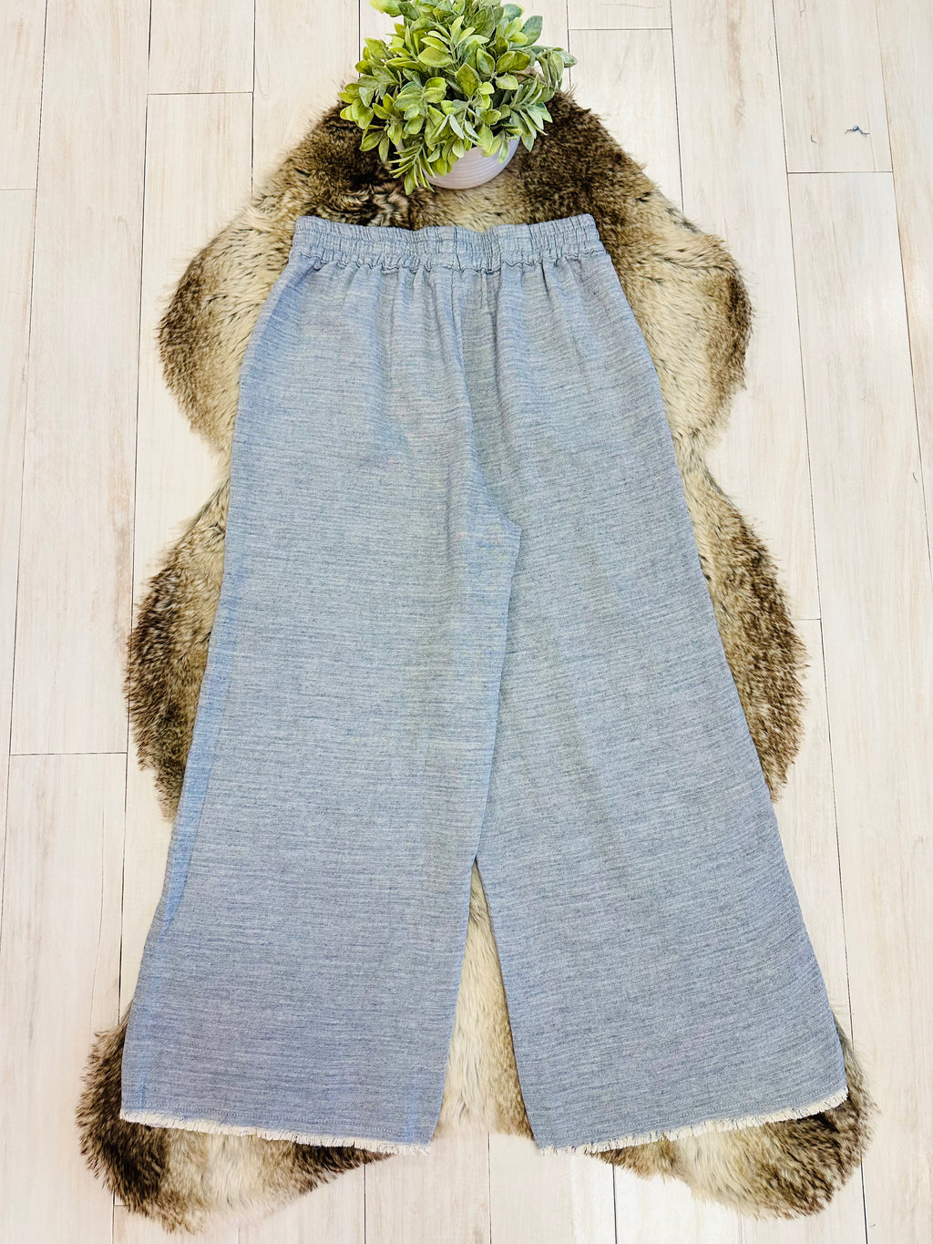 Women’s Umgee Light Blue Wide Leg Pants with Frayed Hem- Loose Fit