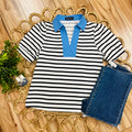 Women’s Evermmee Black and White Stripe Top with Blue Collar