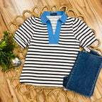 Women’s Evermmee Black and White Stripe Top with Blue Collar