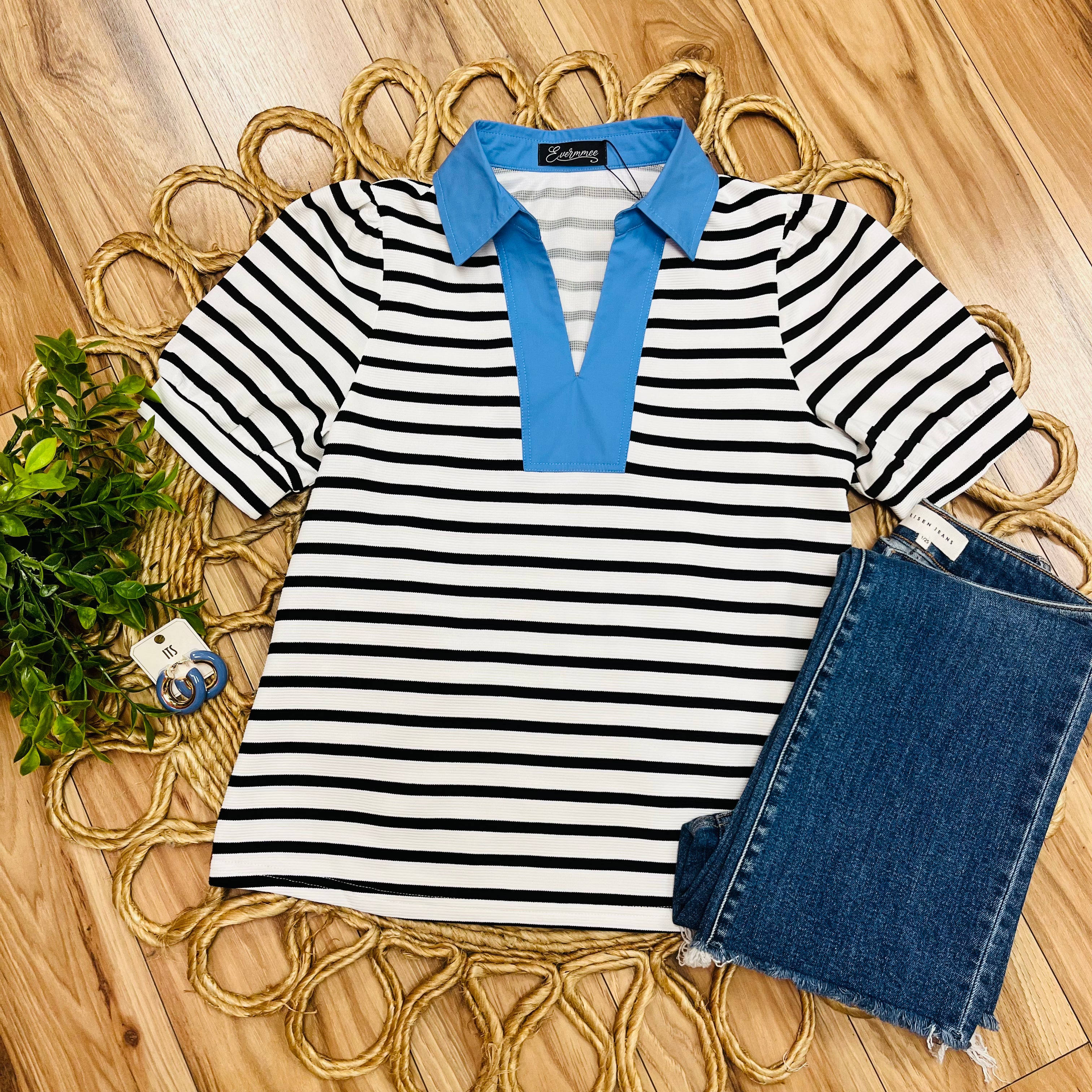 Women’s Evermmee Black and White Stripe Top with Blue Collar