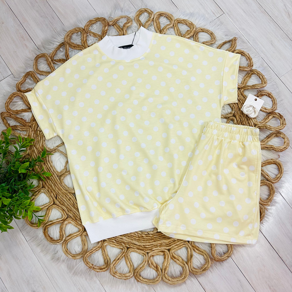 Women’s Yellow Short Set with White Polka Dots