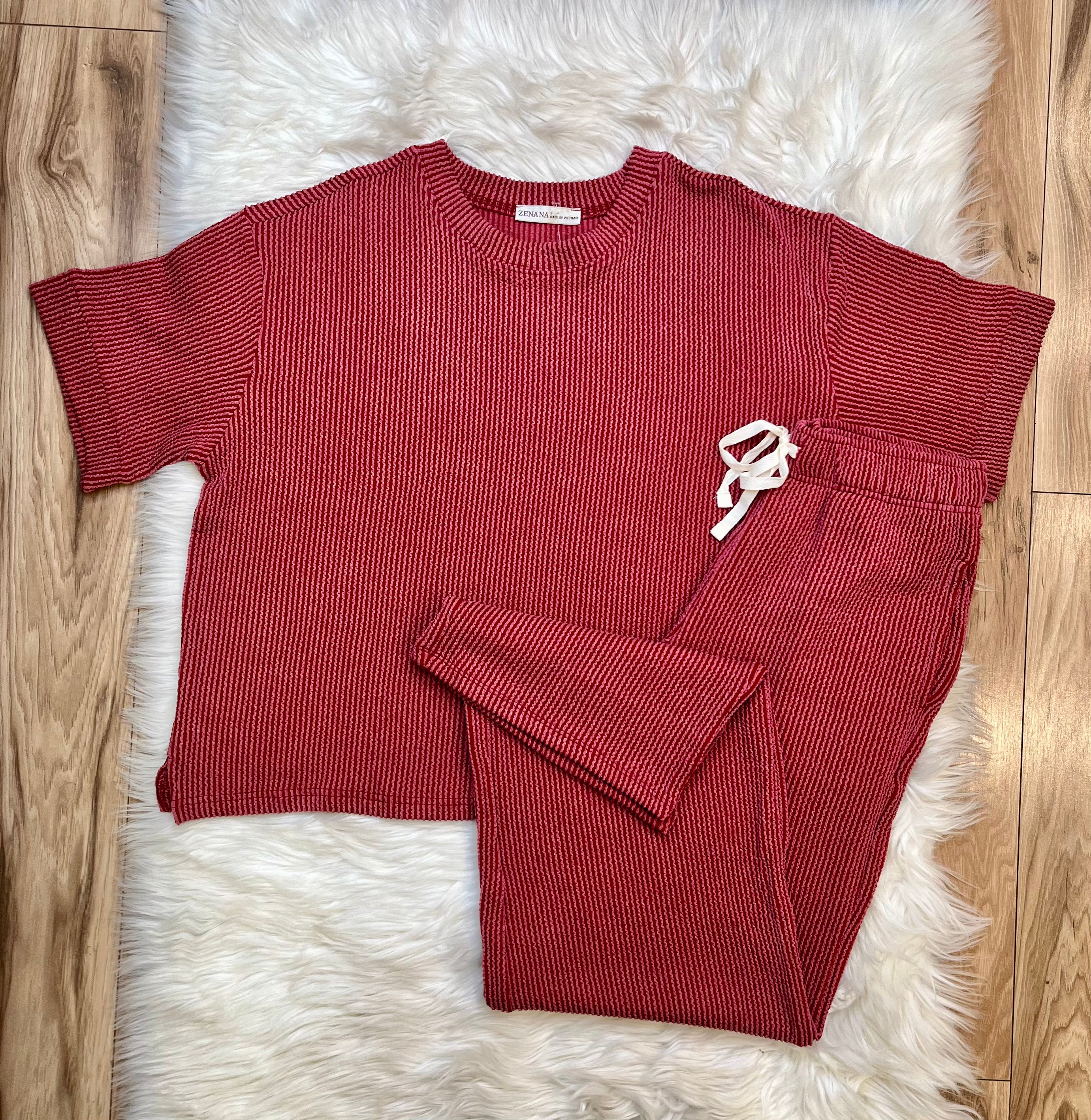 Women’s Burgundy Ribbed Top and Drawstring Pant Set