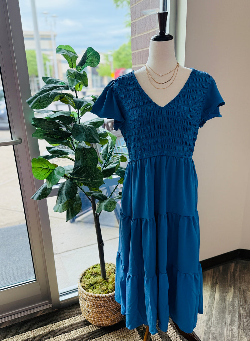Dusty Blue Smocked Midi Dress