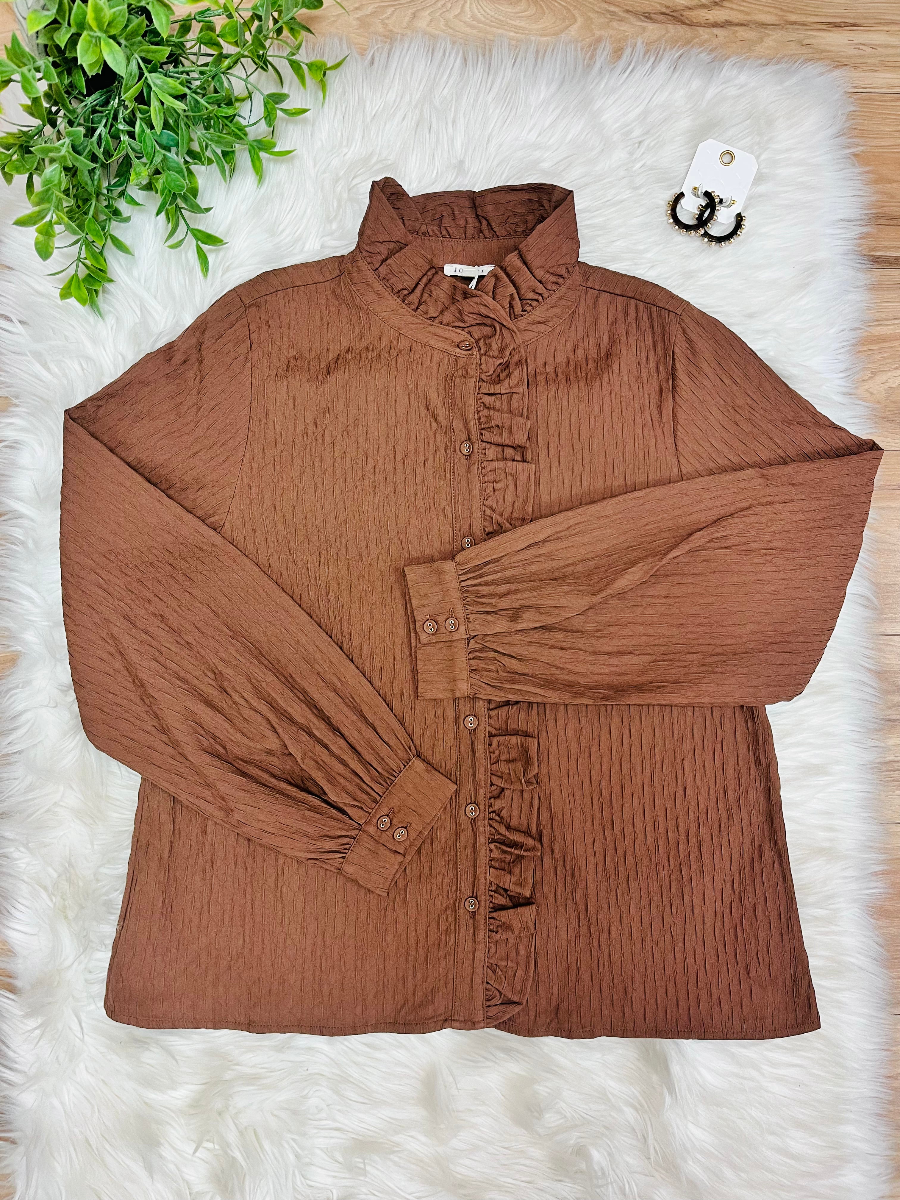 Women’s Jodifl Cocoa Textured Long Sleeve Button Down Top- True to Size