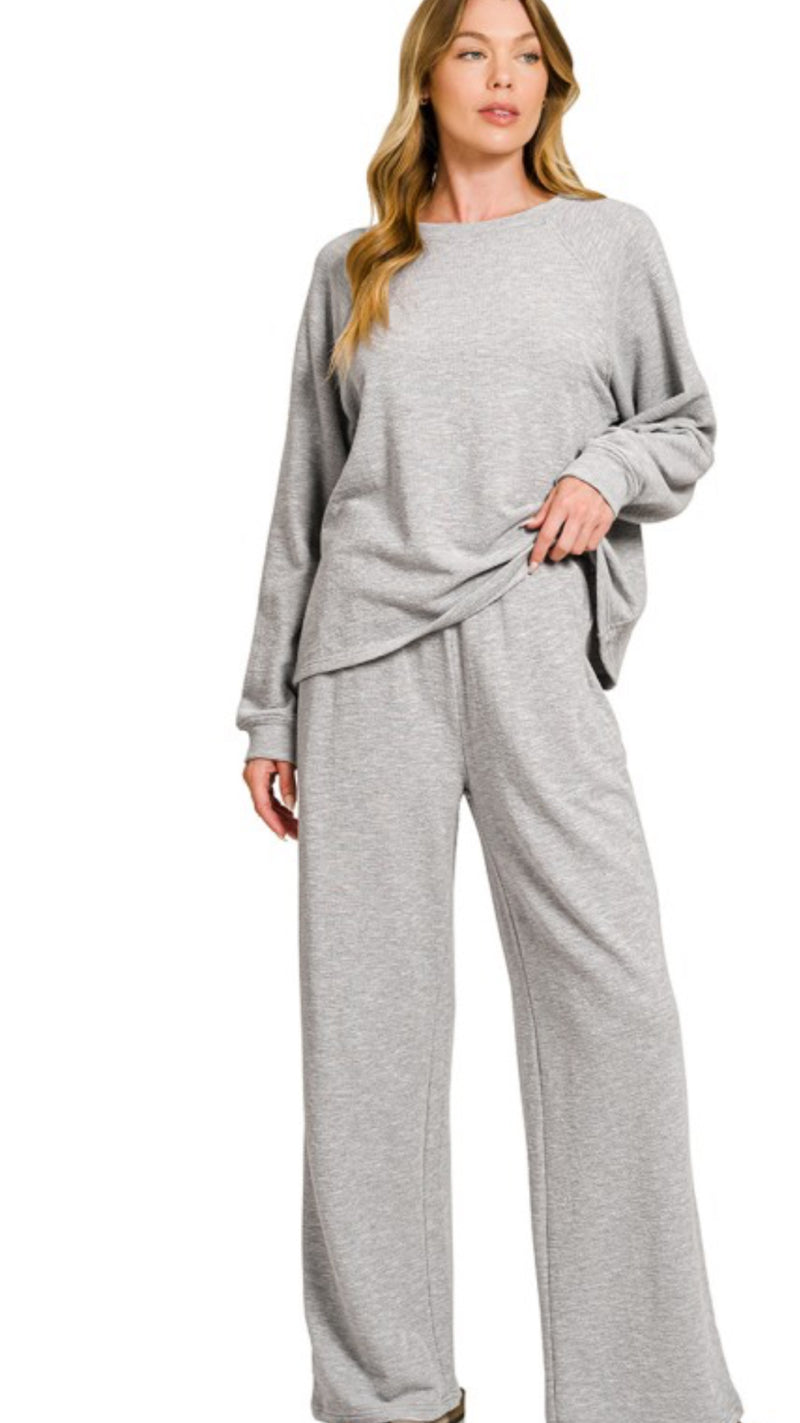 Zenana Long Sleeve Lounge Set Heather Grey
